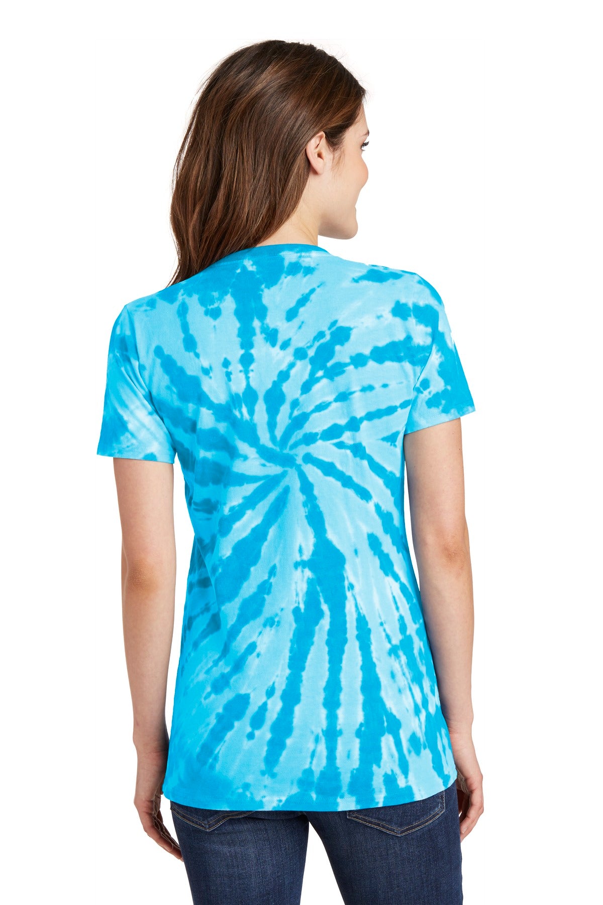 Rear View of Turquoise Port & Co Women's Tie-Dye V-Neck Tee. LPC147V plain