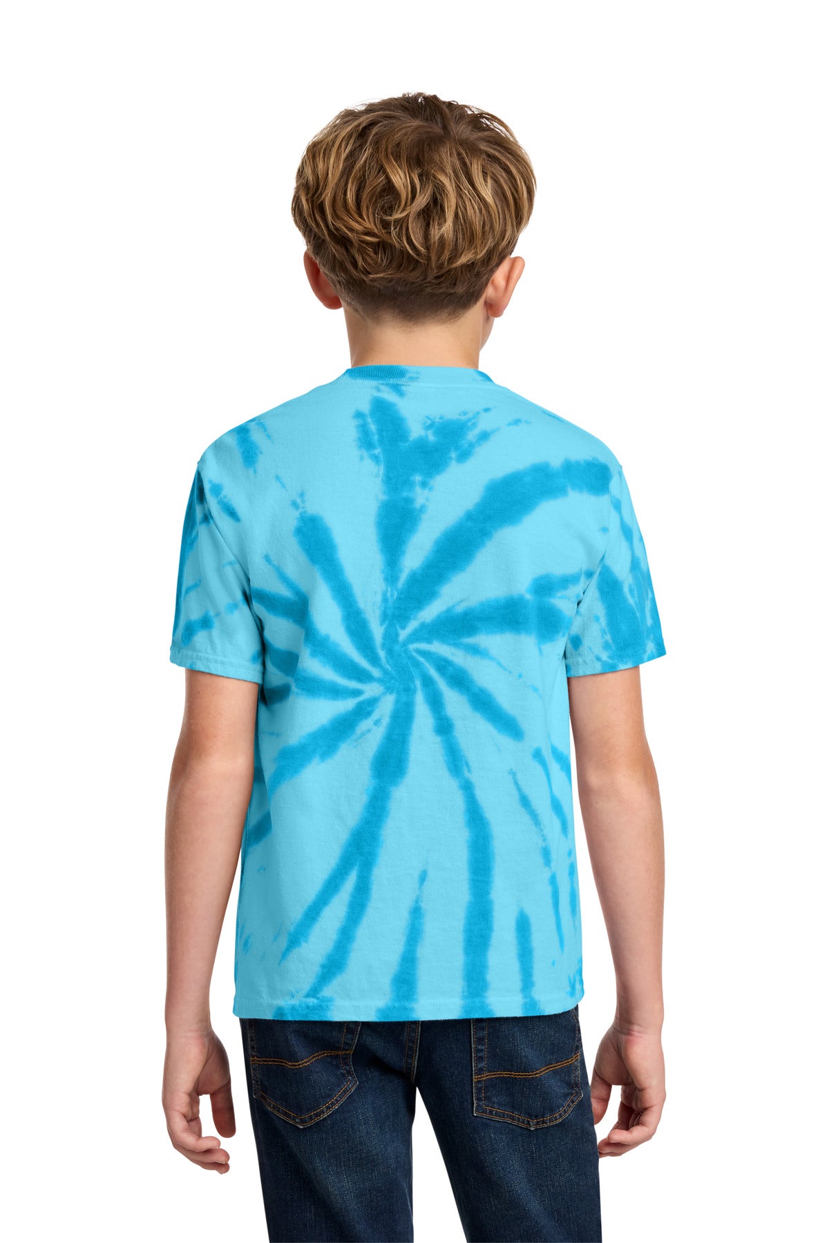 Rear View of Turquoise Port & Co Youth Tie-Dye Tee. PC147Y plain