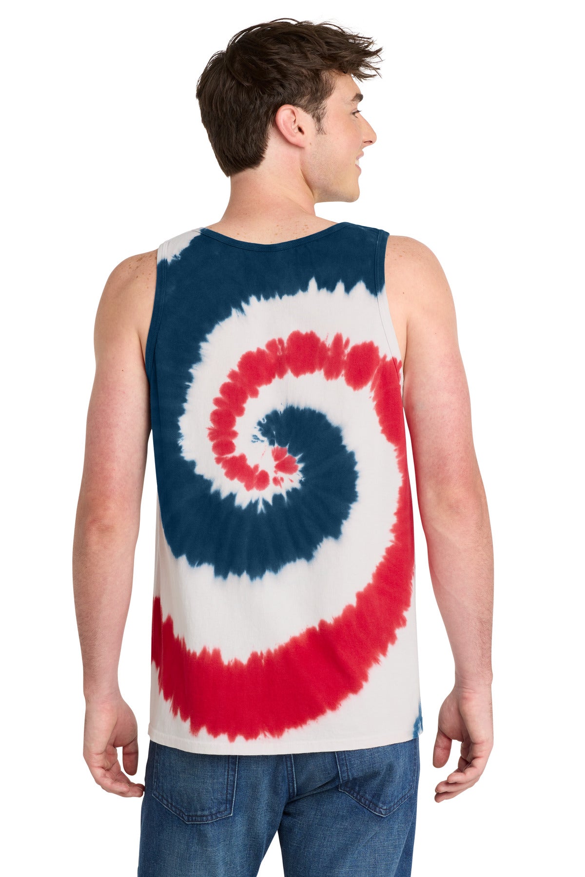 Rear View of USA Rainbow Port & Co Tie-Dye Tank Top. PC147TT plain