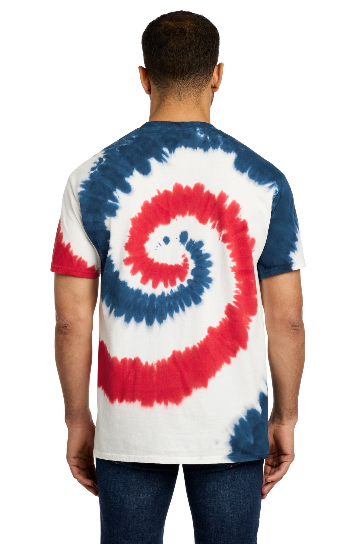 Rear View of USA RAINBOW Port & Co Tie-Dye Tee. PC147 plain