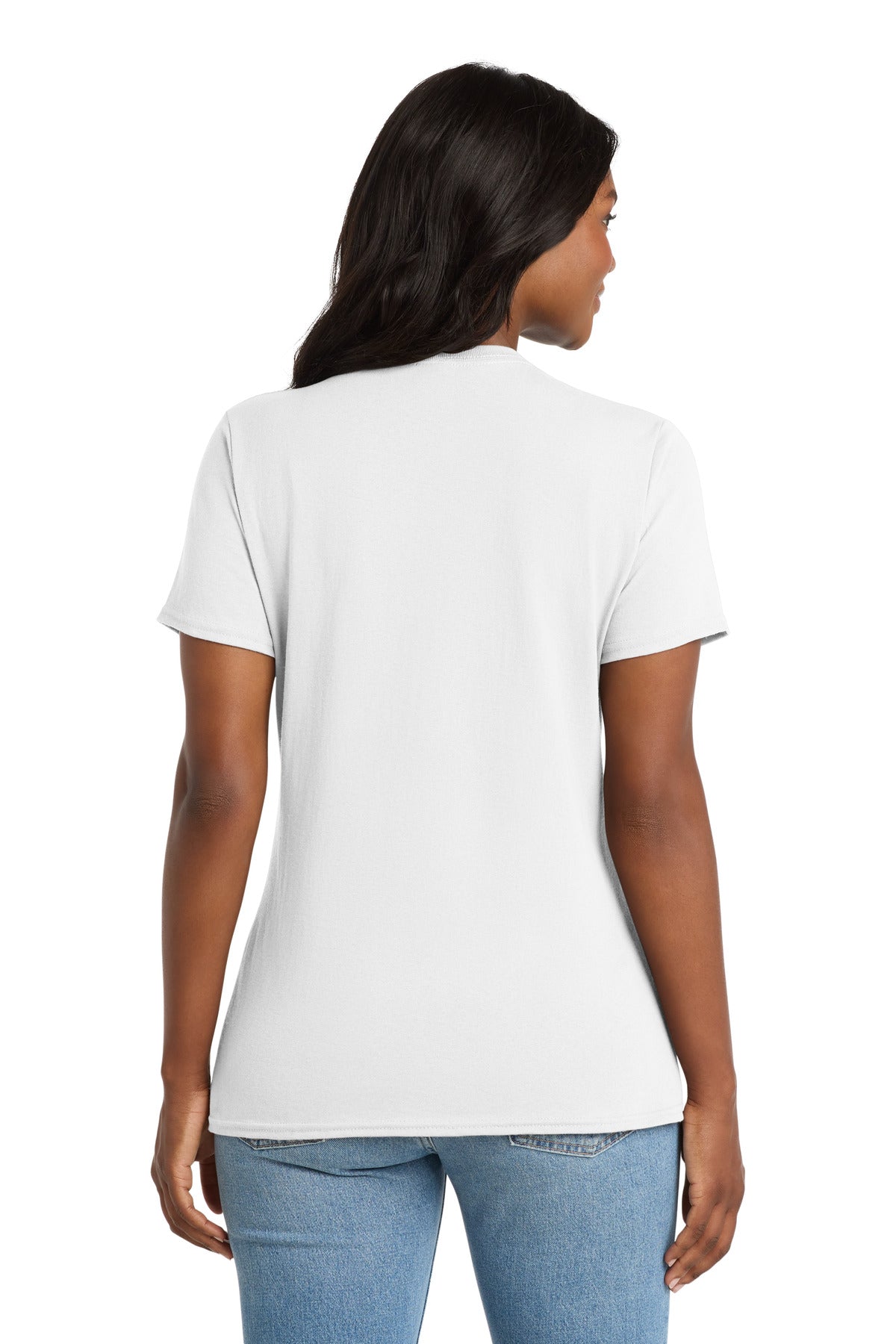 Rear View of White Port & Co Women's Core Cotton V-Neck Tee. LPC54V plain