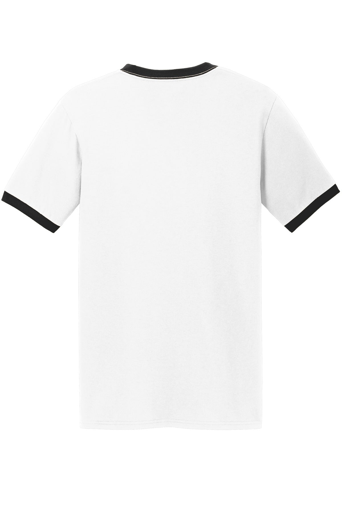 Rear View of White/Jet Blk Port & Co Core Cotton Ringer Tee. PC54R plain