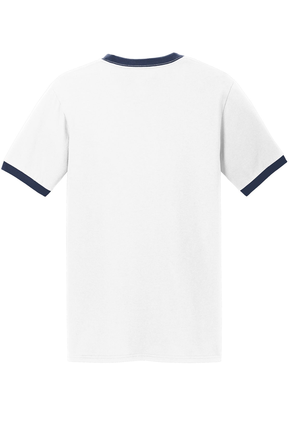 Rear View of White/Navy Port & Co Core Cotton Ringer Tee. PC54R plain
