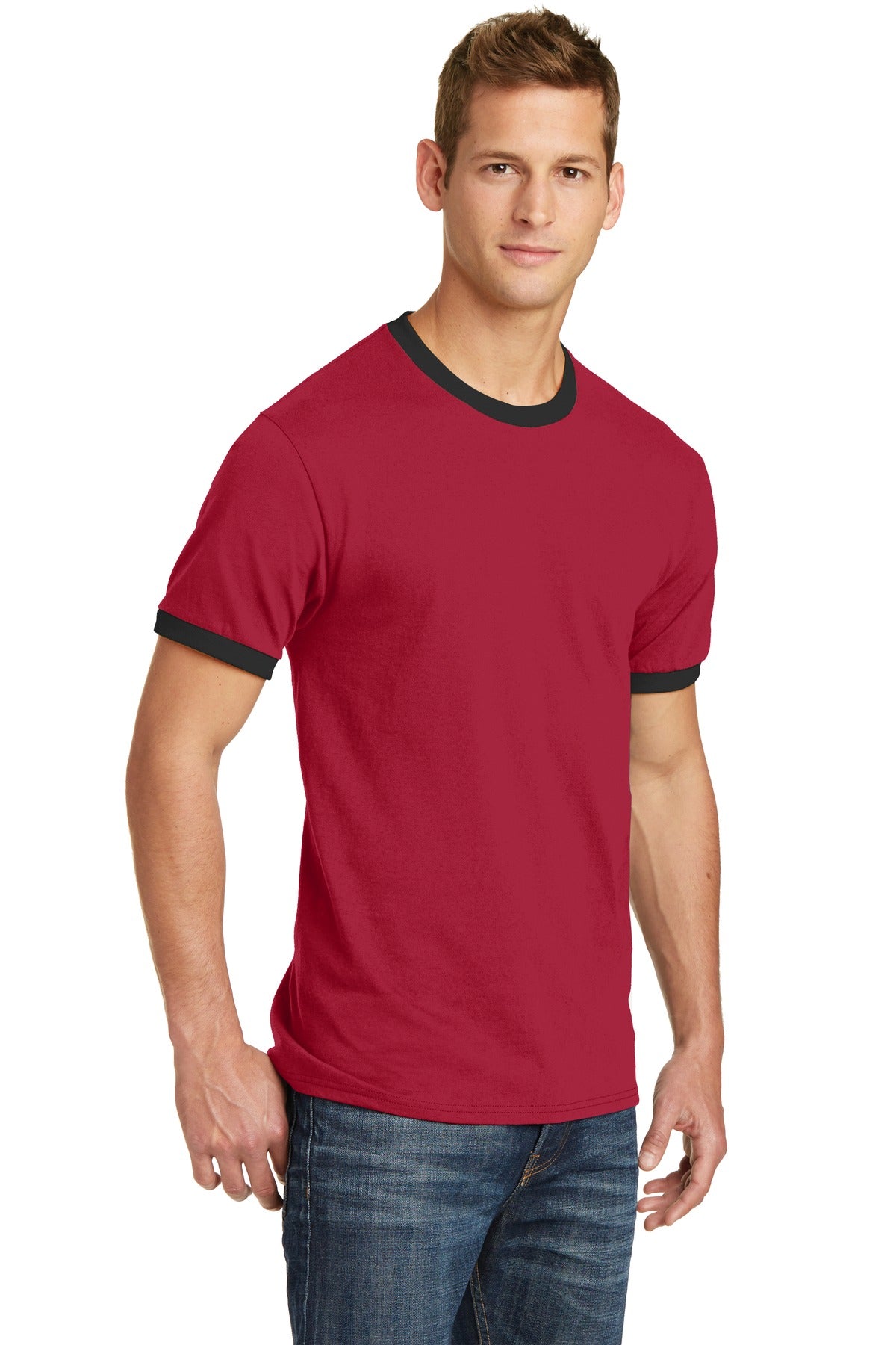 Red/Jet Black Port & Co Core Cotton Ringer Tee. PC54R plain