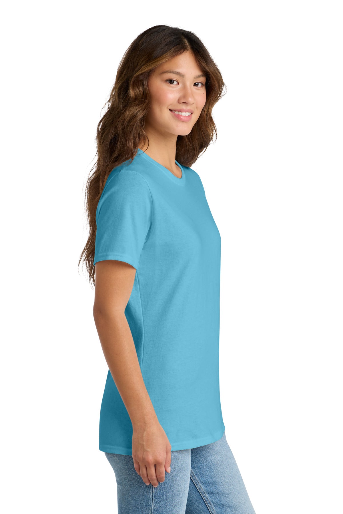 Right View of Aquatic Blue Port & Co Women's Core Cotton Tee. LPC54 plain