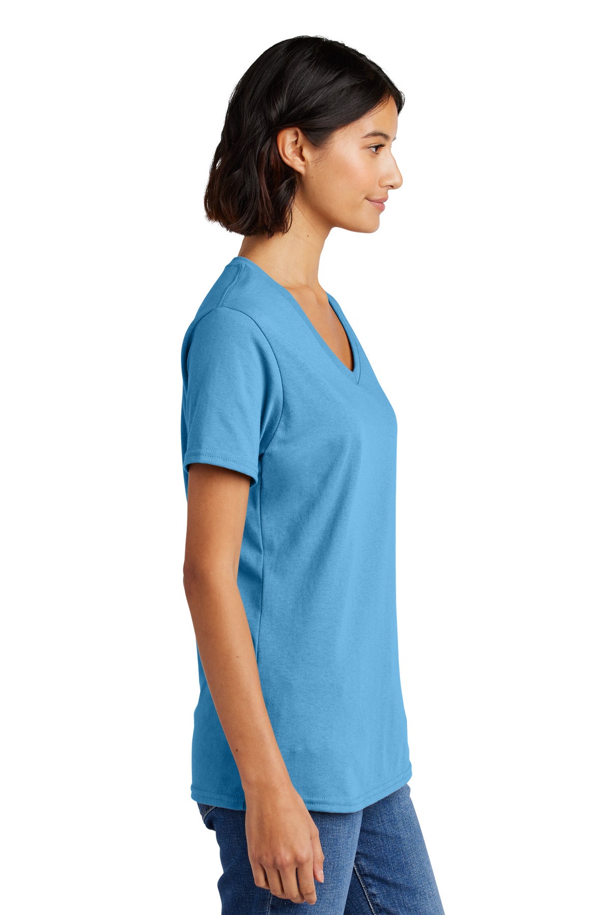 Right View of Aquatic Blue Port & Co Women's Core Cotton V-Neck Tee. LPC54V plain