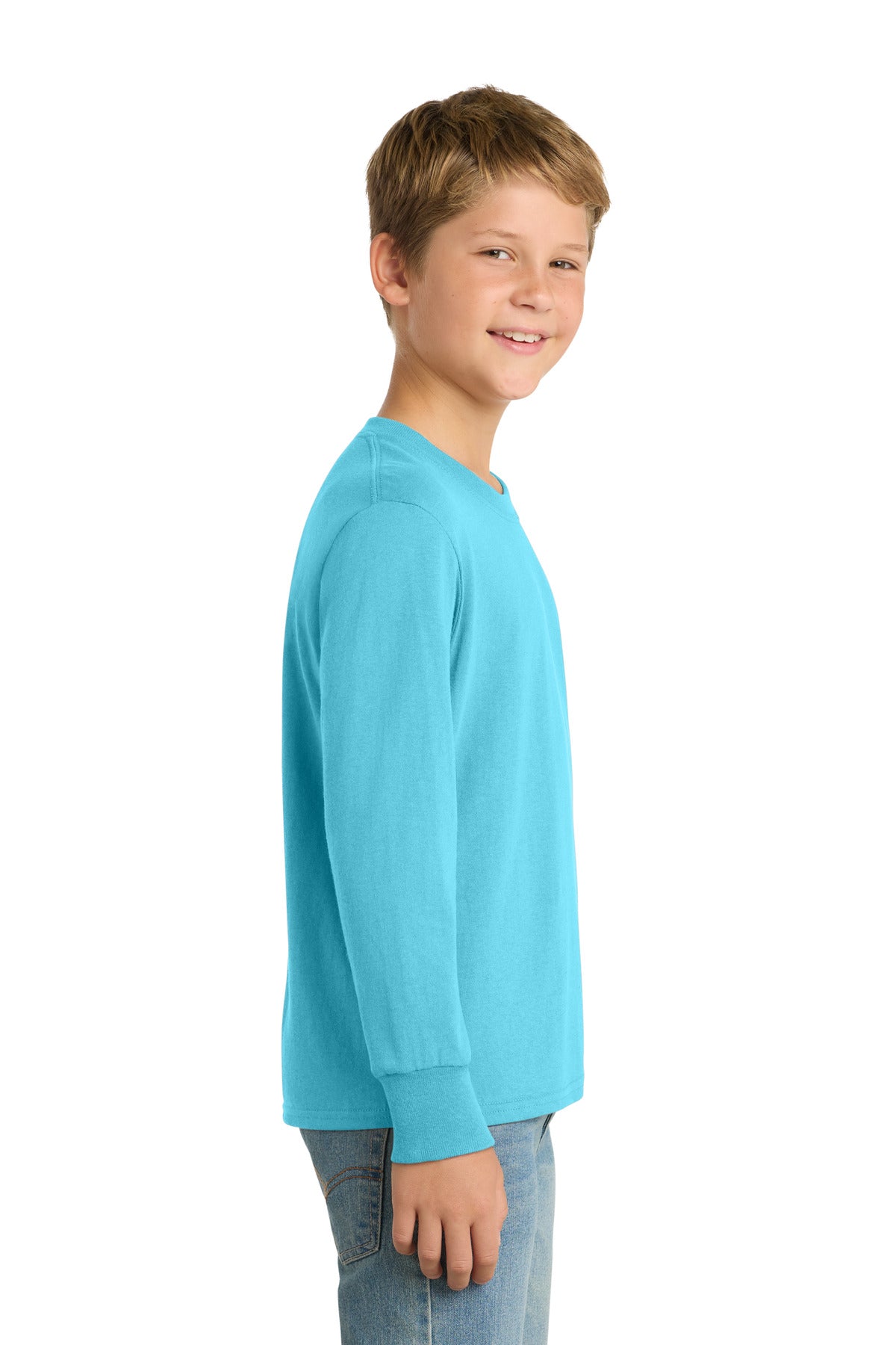 Right View of Aquatic Blue Port & Co Youth Long Sleeve Core Cotton Tee. PC54YLS plain