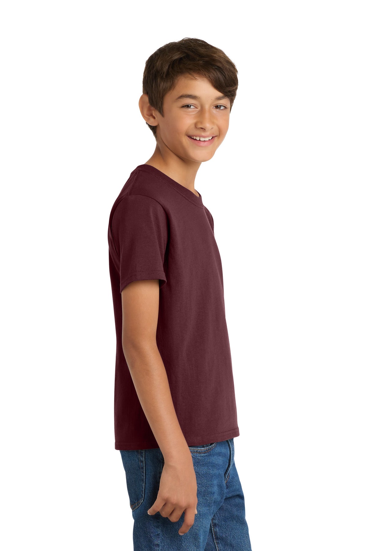 Right View of Ath Maroon Port & Co Youth Core Cotton Tee. PC54Y plain