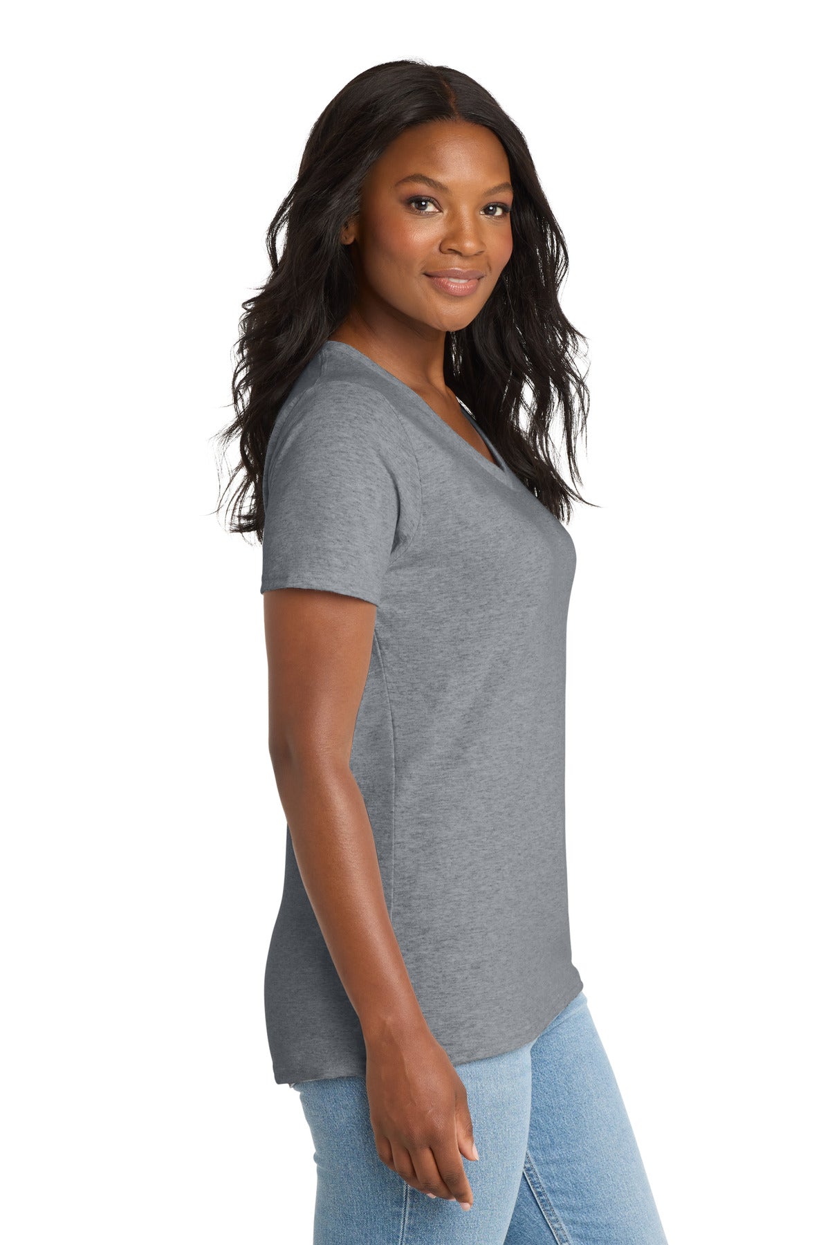 Right View of Athl Heather Port & Co Women's Core Cotton V-Neck Tee. LPC54V plain
