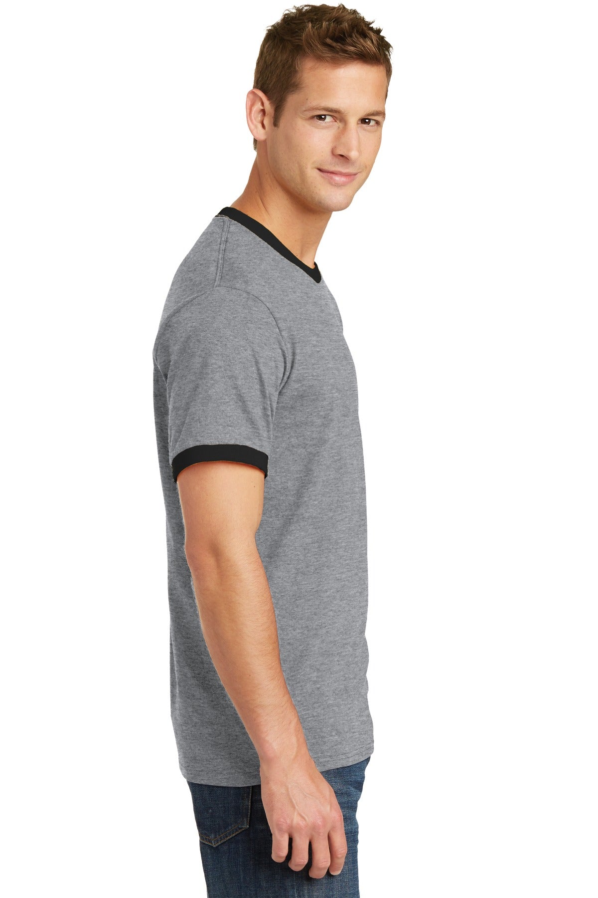 Right View of Athl He/Jet Bk Port & Co Core Cotton Ringer Tee. PC54R plain