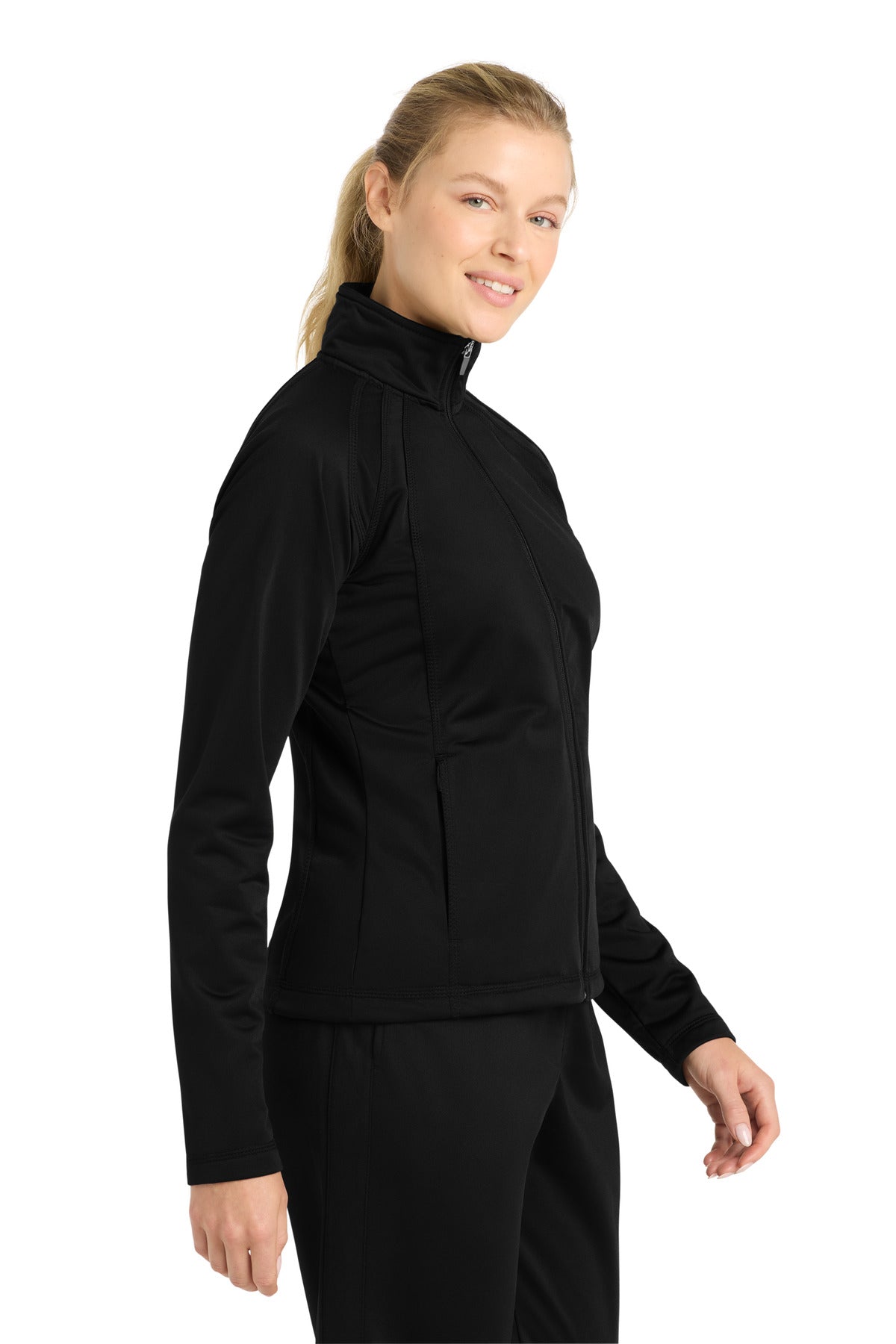 Right View of Black/Black Sport-Tek Women's Tricot Track Jacket. LST90 plain