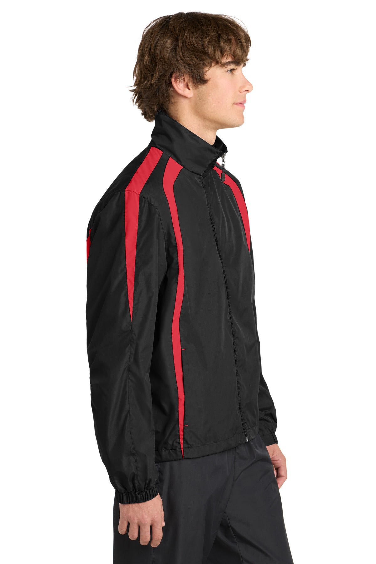 Right View of Black/True Red Sport-Tek Colorblock Raglan Jacket. JST60 plain