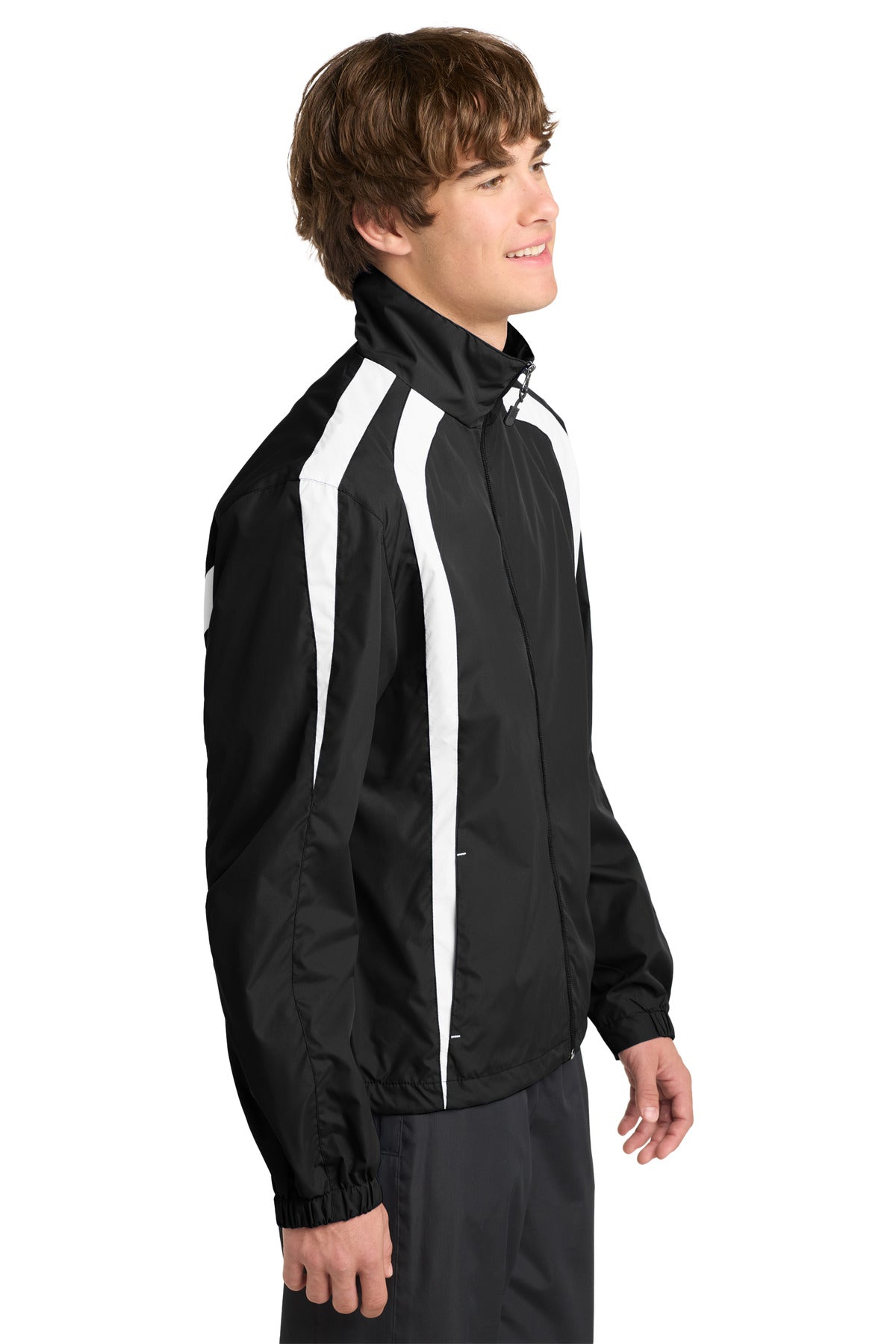 Right View of Black/White Sport-Tek Colorblock Raglan Jacket. JST60 plain
