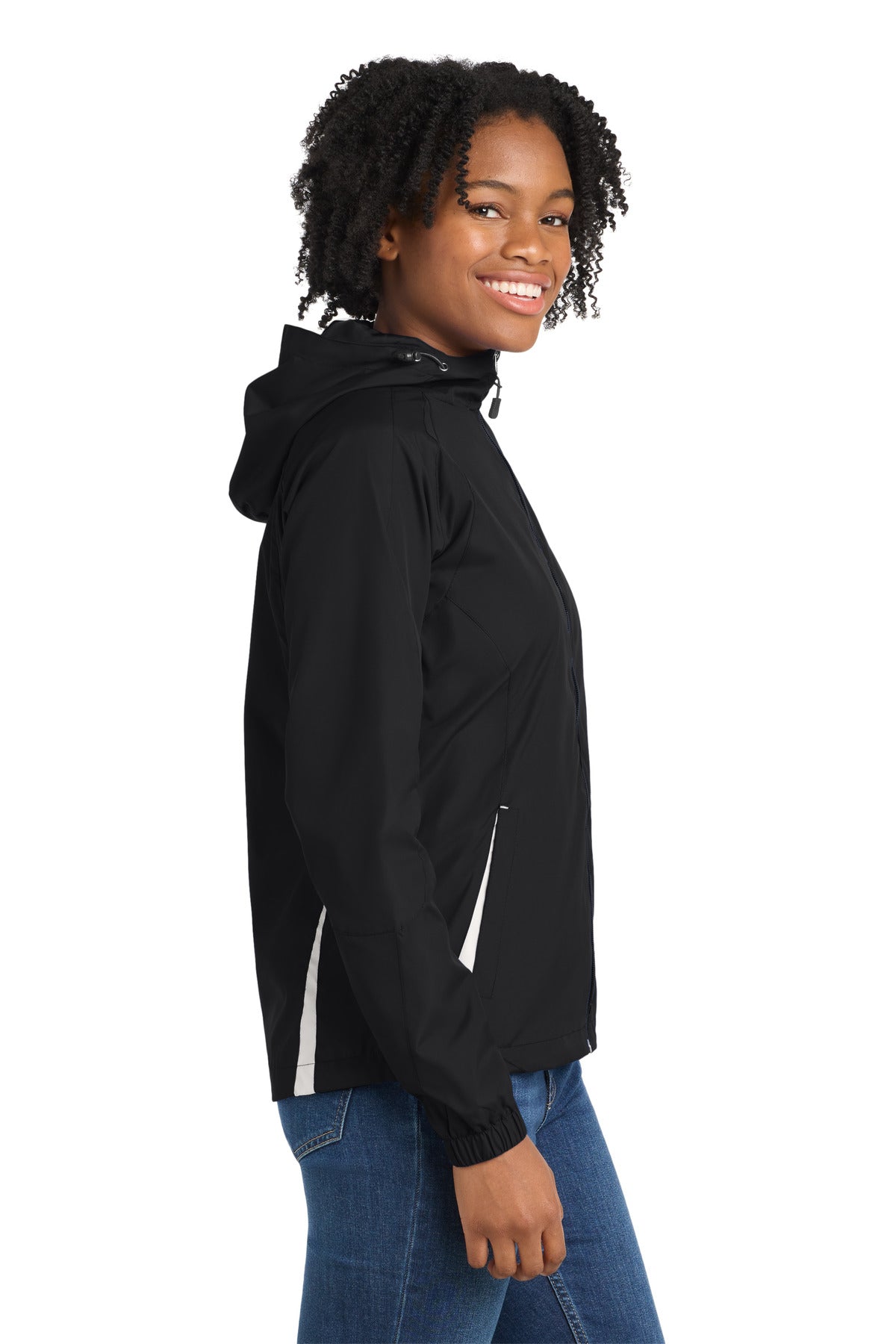 Right View of Black/White Sport-Tek Women's Colorblock Hooded Raglan Jacket. LST76 plain