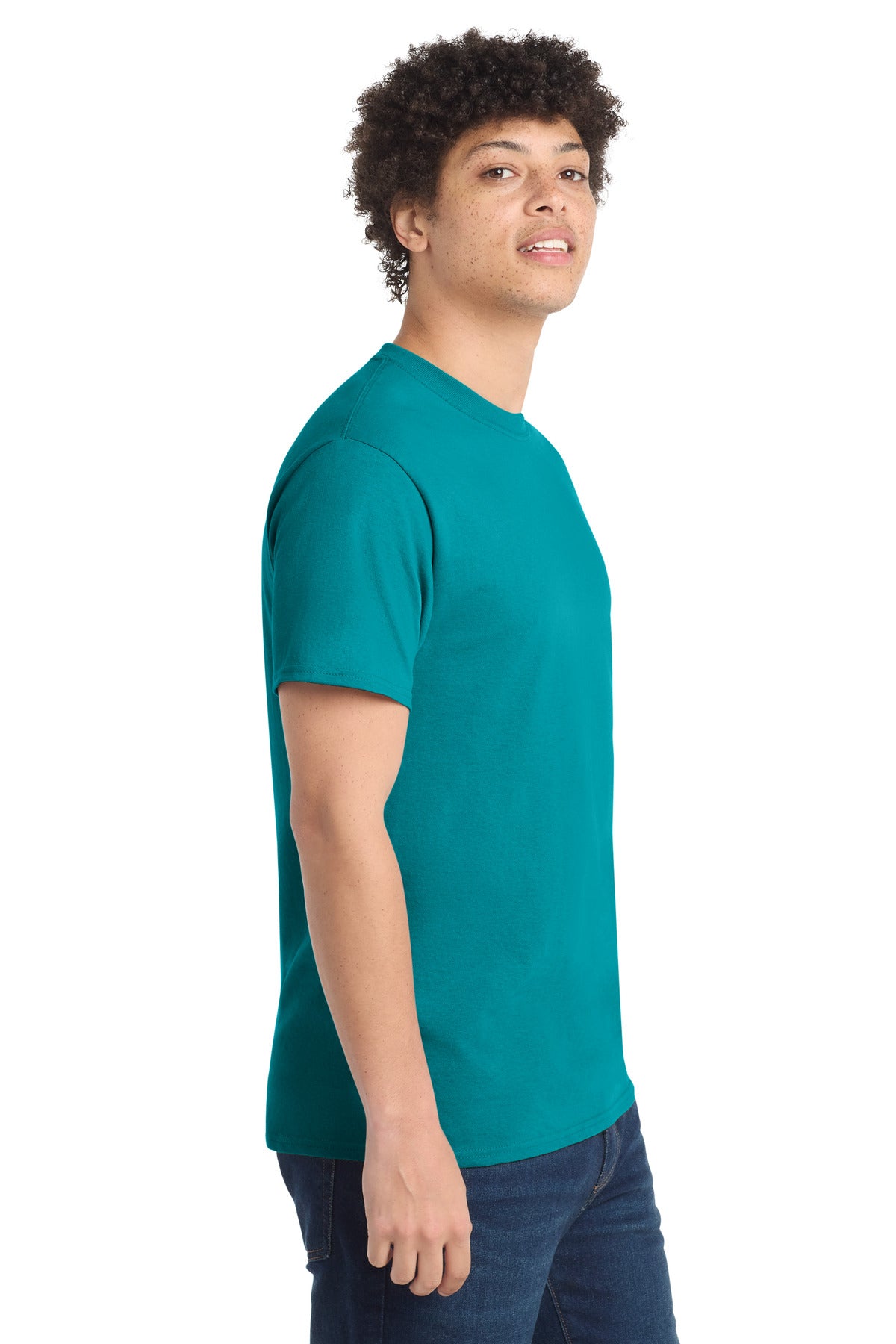 Right View of Bright Aqua Port & Co Core Cotton Tee. PC54 plain