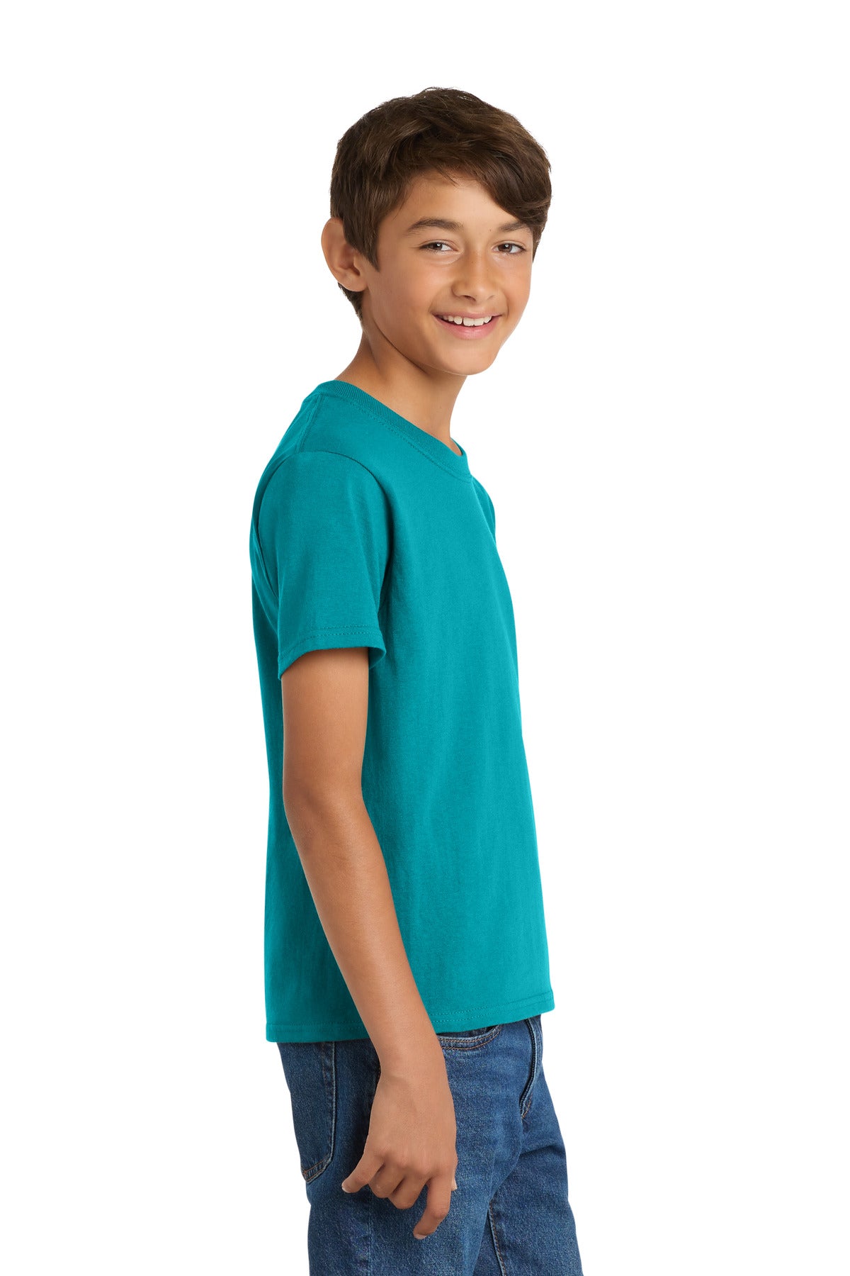 Right View of Bright Aqua Port & Co Youth Core Cotton Tee. PC54Y plain