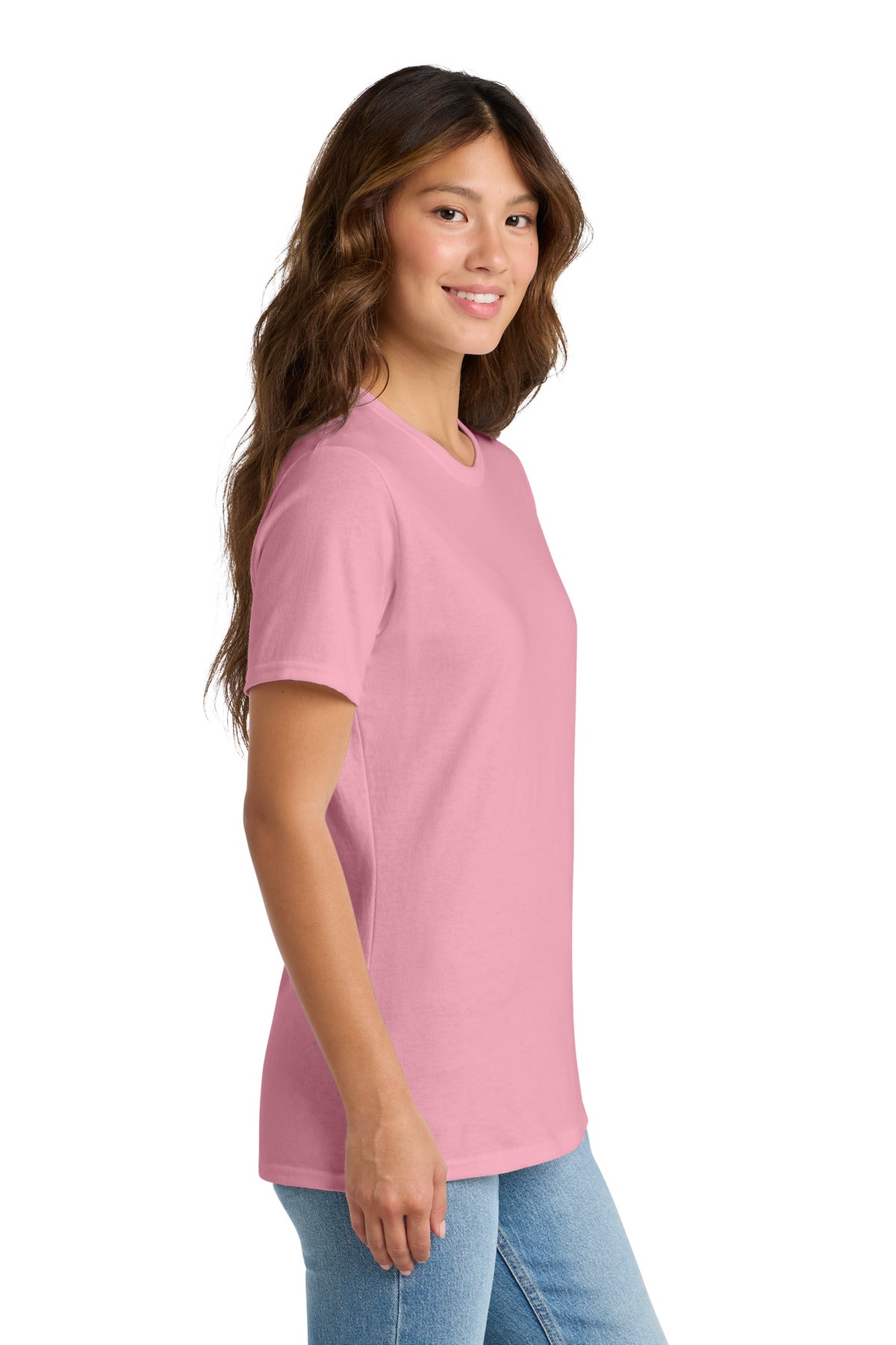 Right View of Candy Pink Port & Co Women's Core Cotton Tee. LPC54 plain