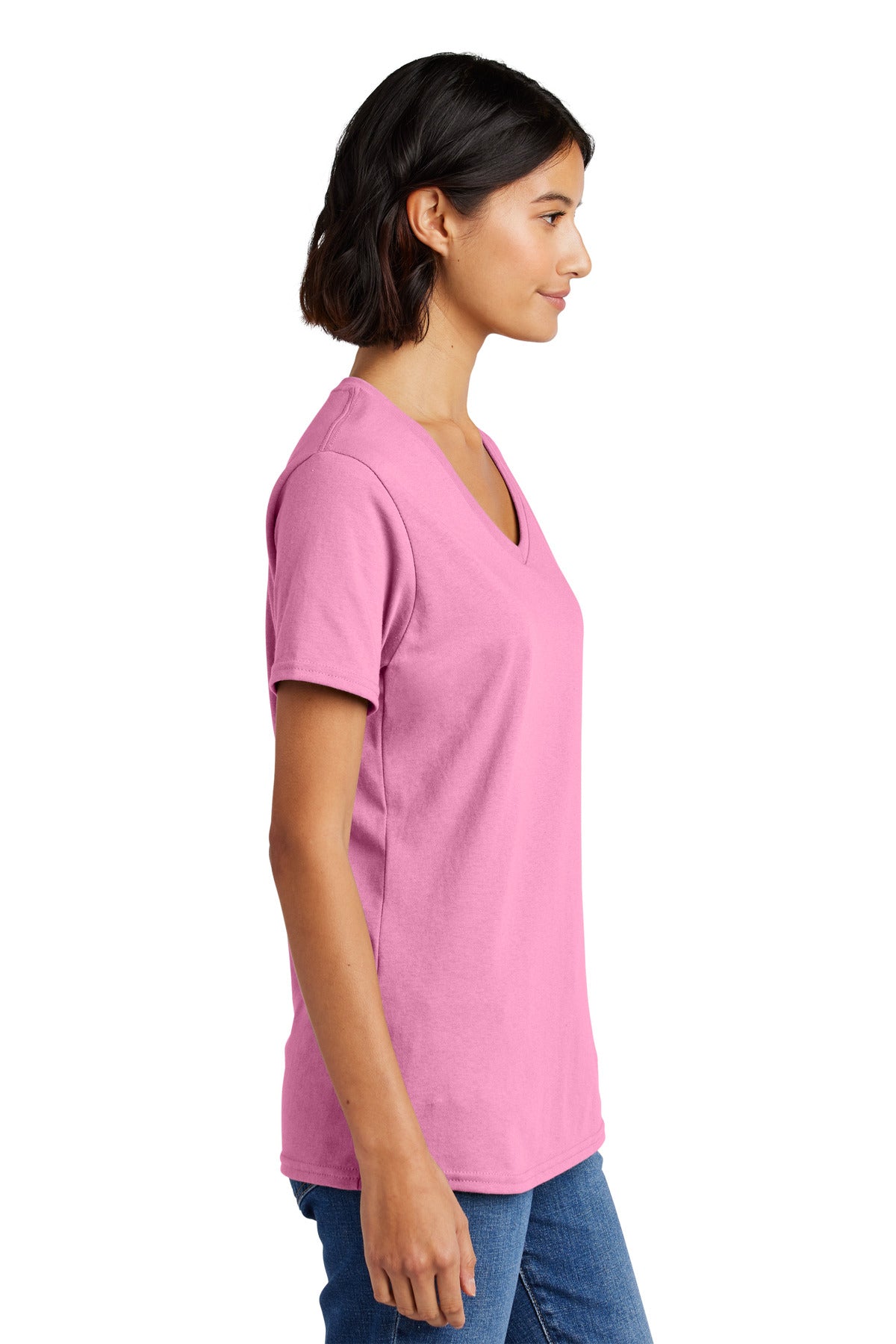 Right View of Candy Pink Port & Co Women's Core Cotton V-Neck Tee. LPC54V plain