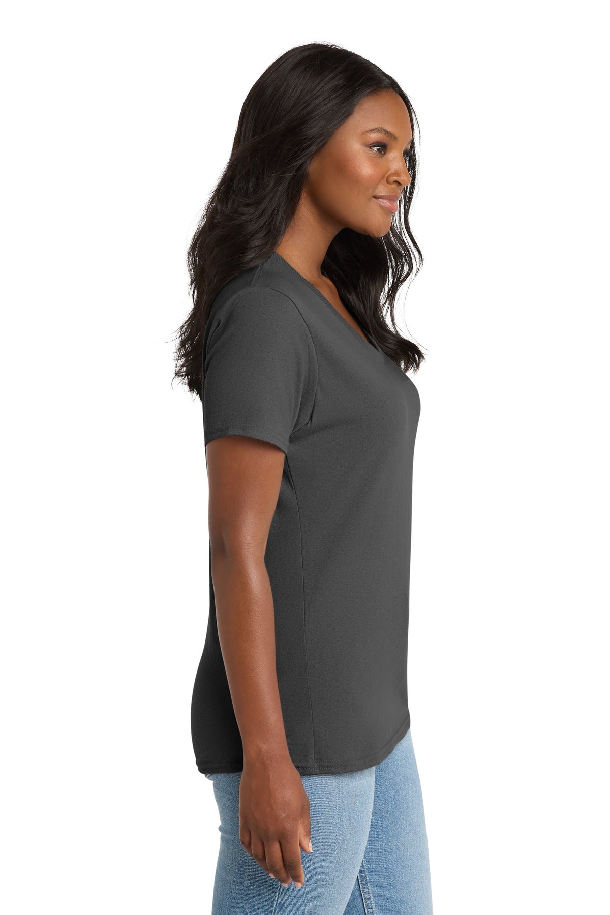 Right View of Charcoal Port & Co Women's Core Cotton V-Neck Tee. LPC54V plain