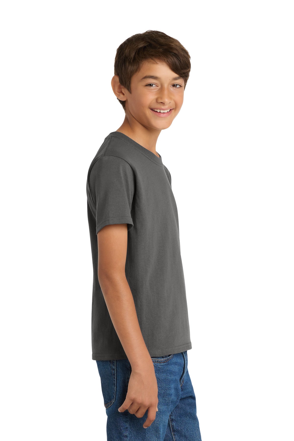 Right View of Charcoal Port & Co Youth Core Cotton Tee. PC54Y plain