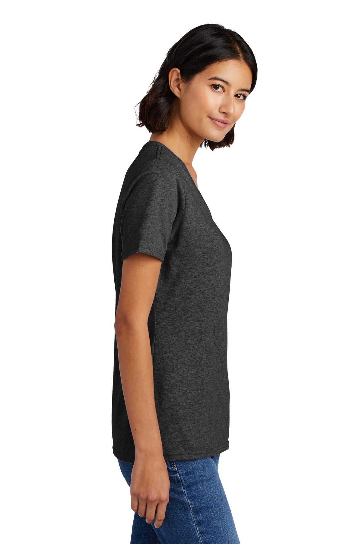 Right View of Dark Hthr Grey Port & Co Women's Core Cotton V-Neck Tee. LPC54V plain