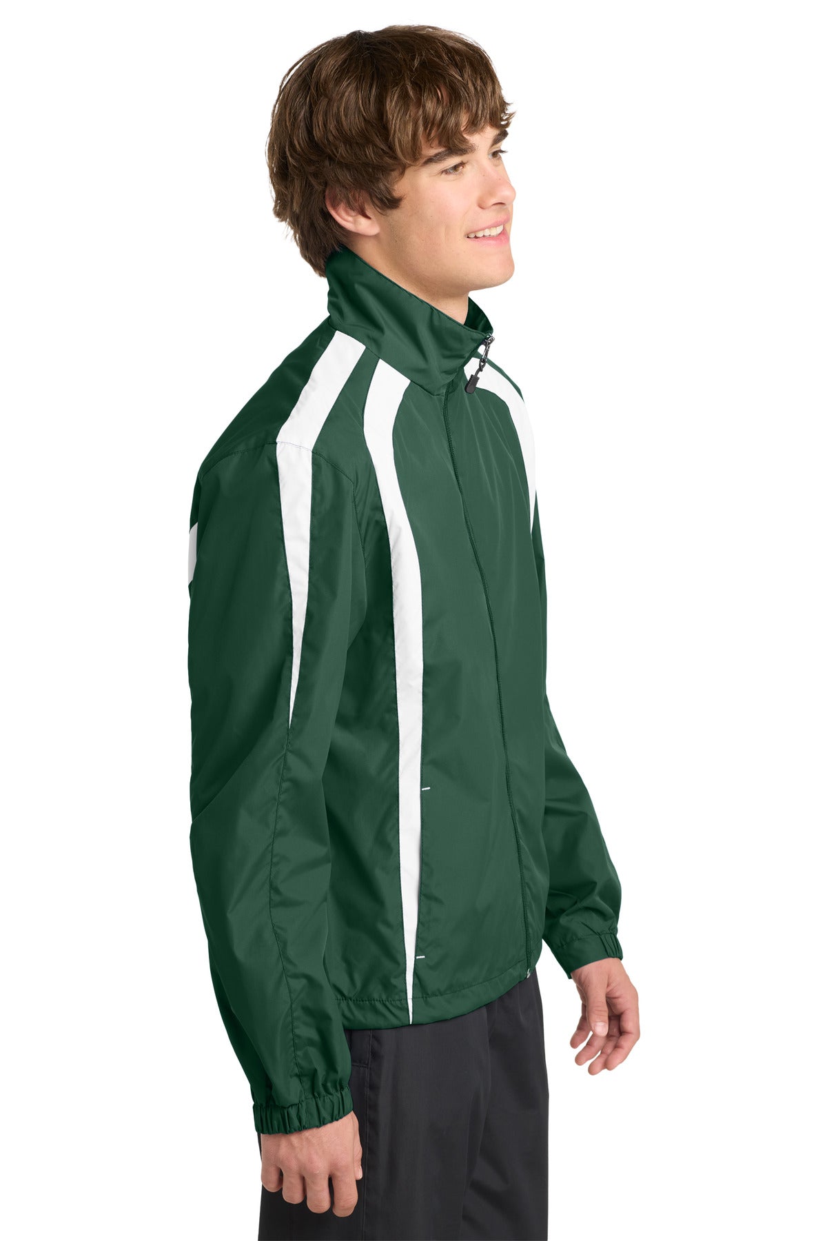 Right View of Forest Grn/Wht Sport-Tek Colorblock Raglan Jacket. JST60 plain