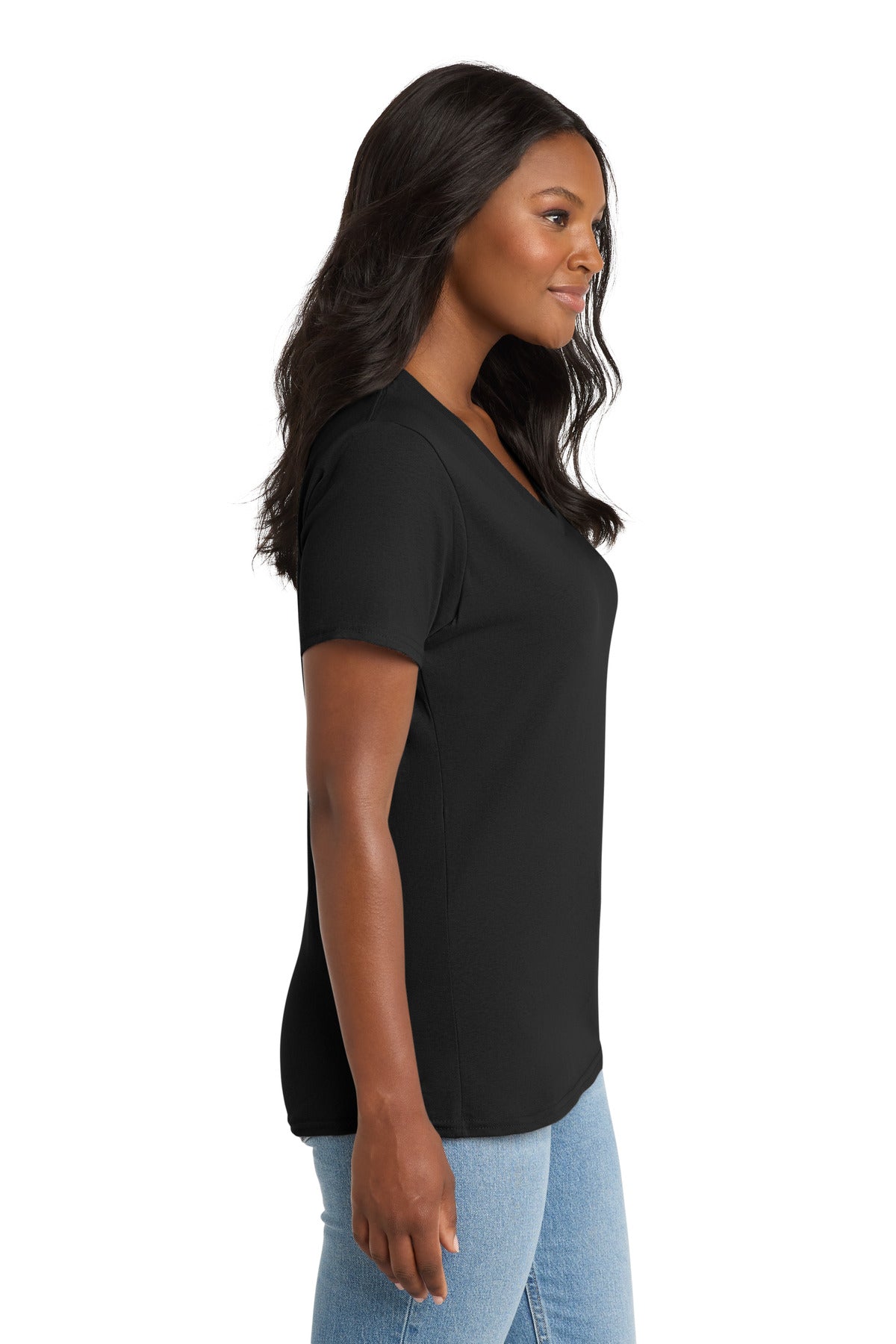 Right View of Jet Black Port & Co Women's Core Cotton V-Neck Tee. LPC54V plain
