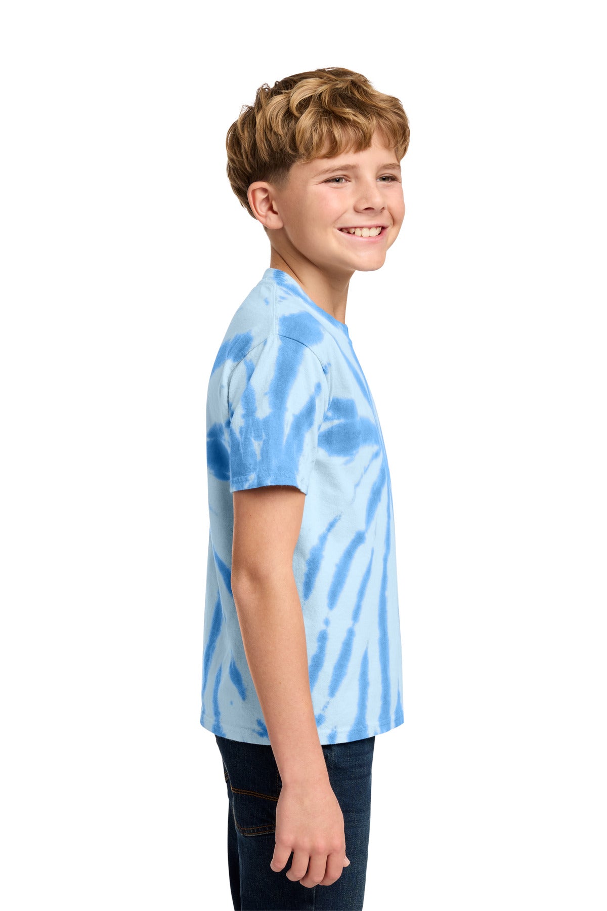 Right View of Light Blue Port & Co Youth Tie-Dye Tee. PC147Y plain