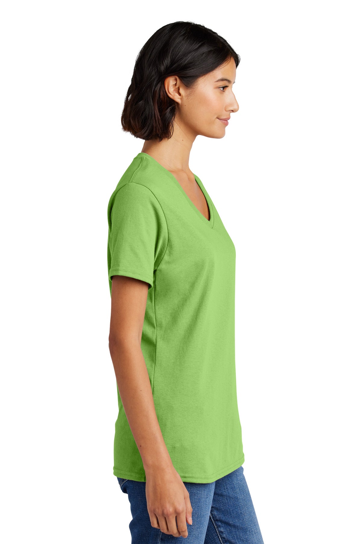 Right View of Lime Port & Co Women's Core Cotton V-Neck Tee. LPC54V plain