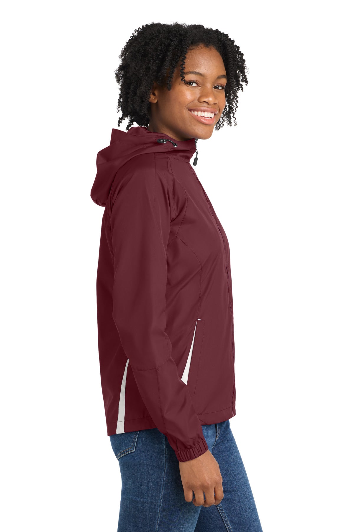 Right View of Maroon/White Sport-Tek Women's Colorblock Hooded Raglan Jacket. LST76 plain