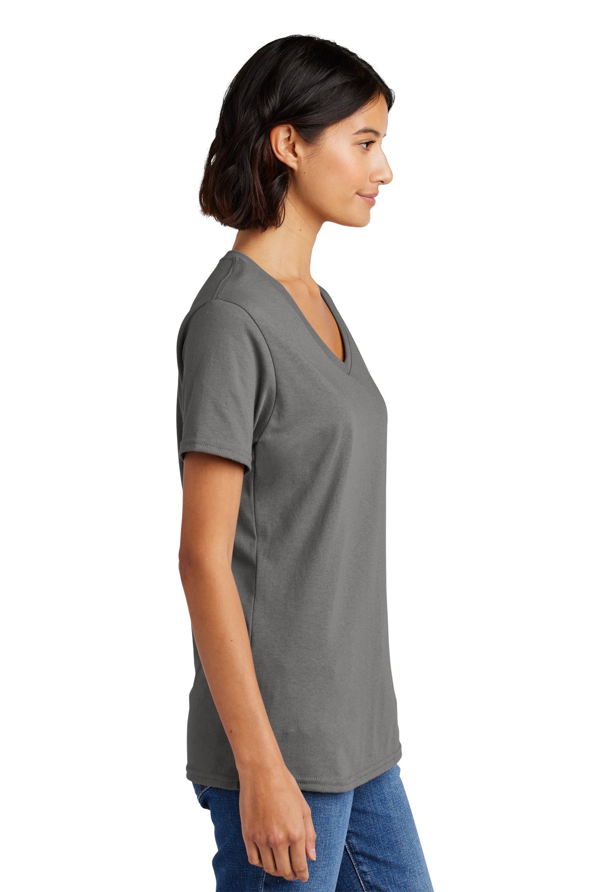 Right View of Medium Grey Port & Co Women's Core Cotton V-Neck Tee. LPC54V plain