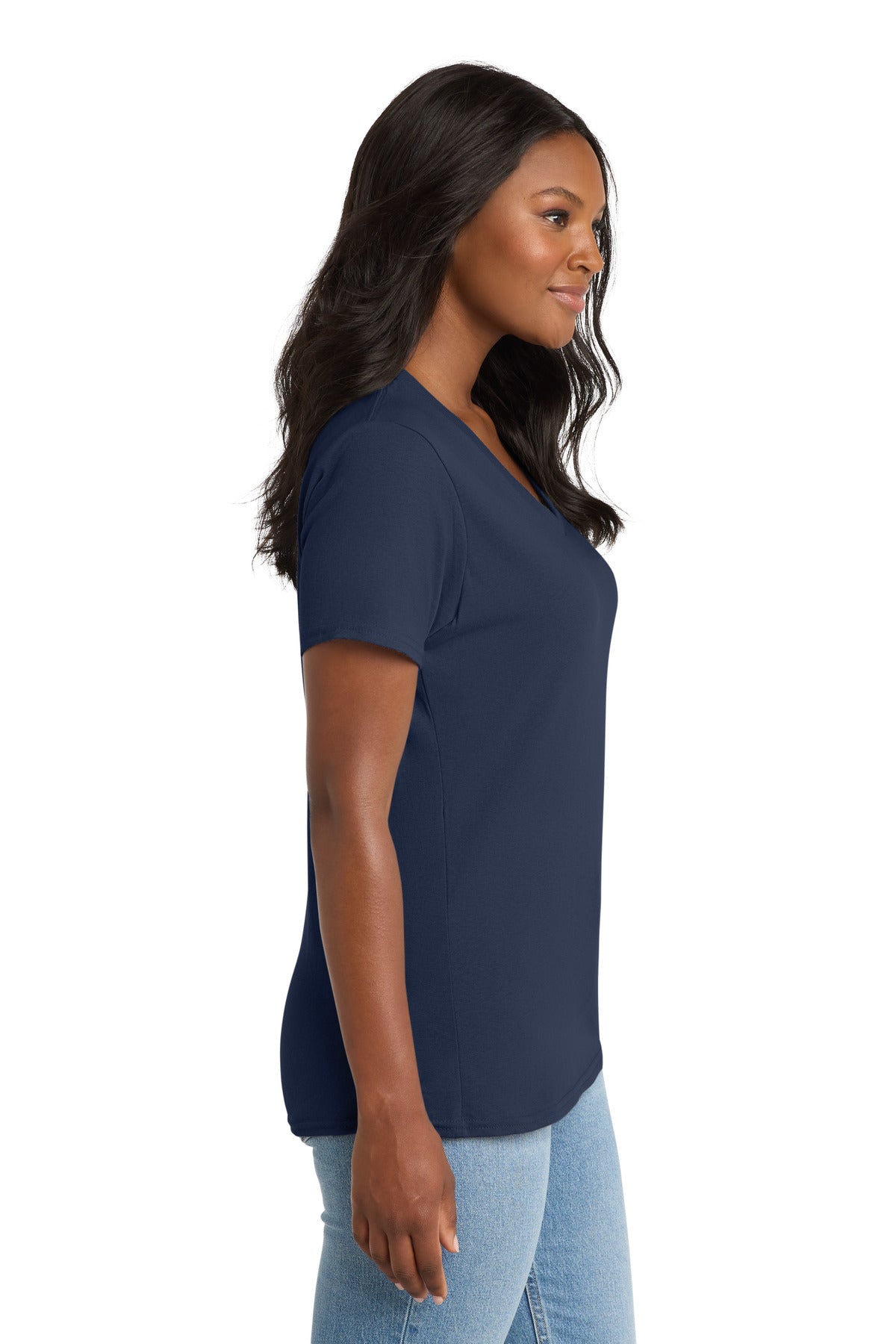 Right View of Navy Port & Co Women's Core Cotton V-Neck Tee. LPC54V plain