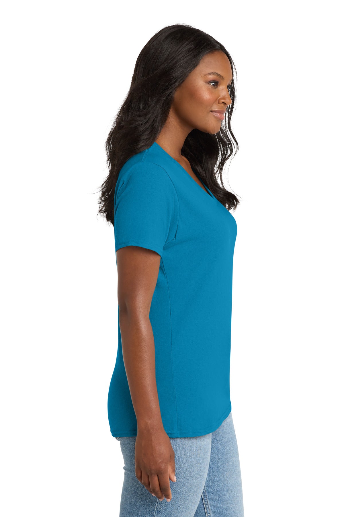 Right View of Neon Blue Port & Co Women's Core Cotton V-Neck Tee. LPC54V plain