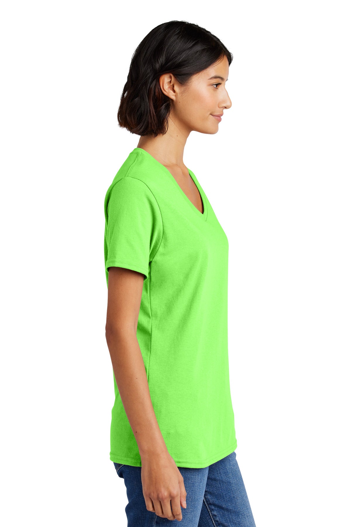 Right View of Neon Green Port & Co Women's Core Cotton V-Neck Tee. LPC54V plain