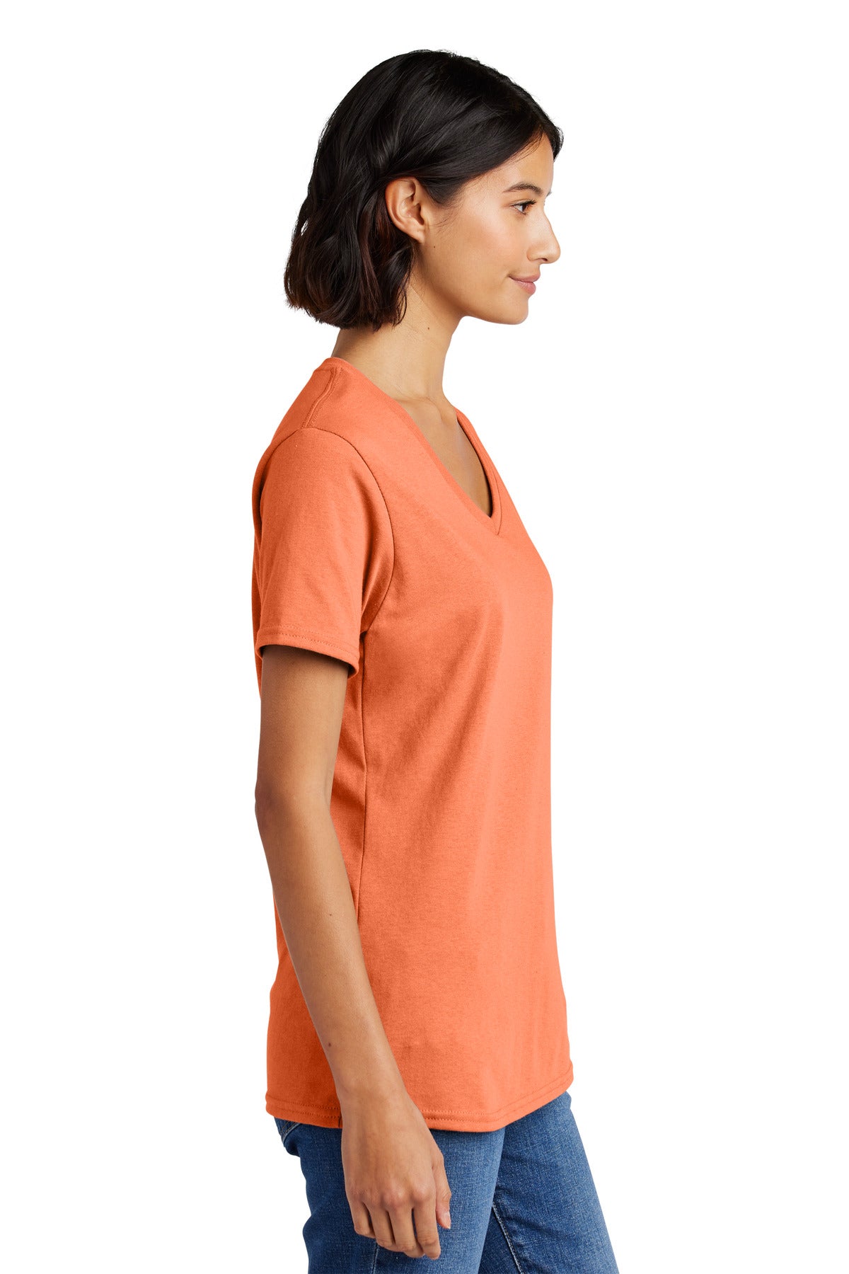 Right View of Neon Orange Port & Co Women's Core Cotton V-Neck Tee. LPC54V plain