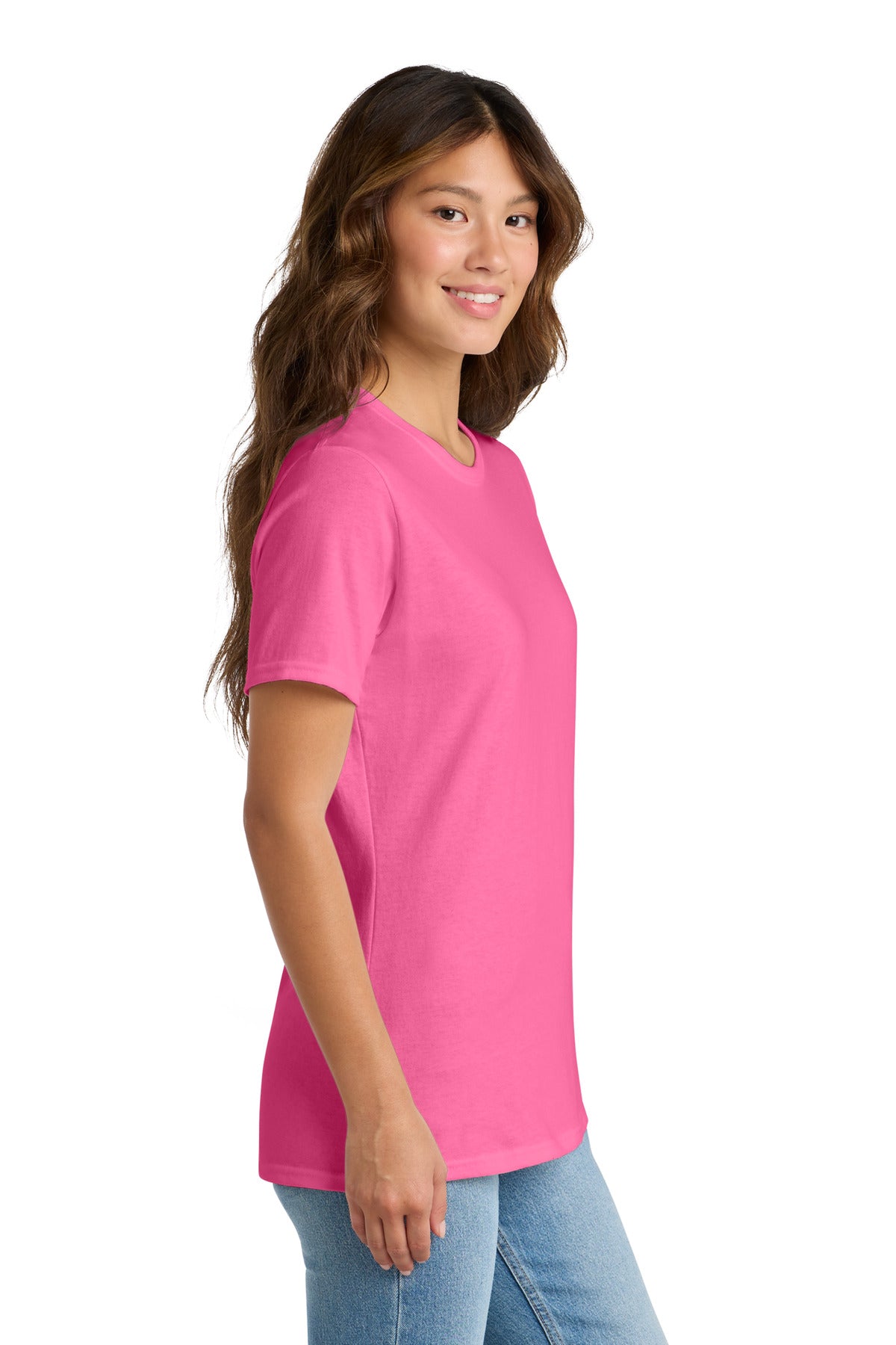 Right View of Neon Pink Port & Co Women's Core Cotton Tee. LPC54 plain