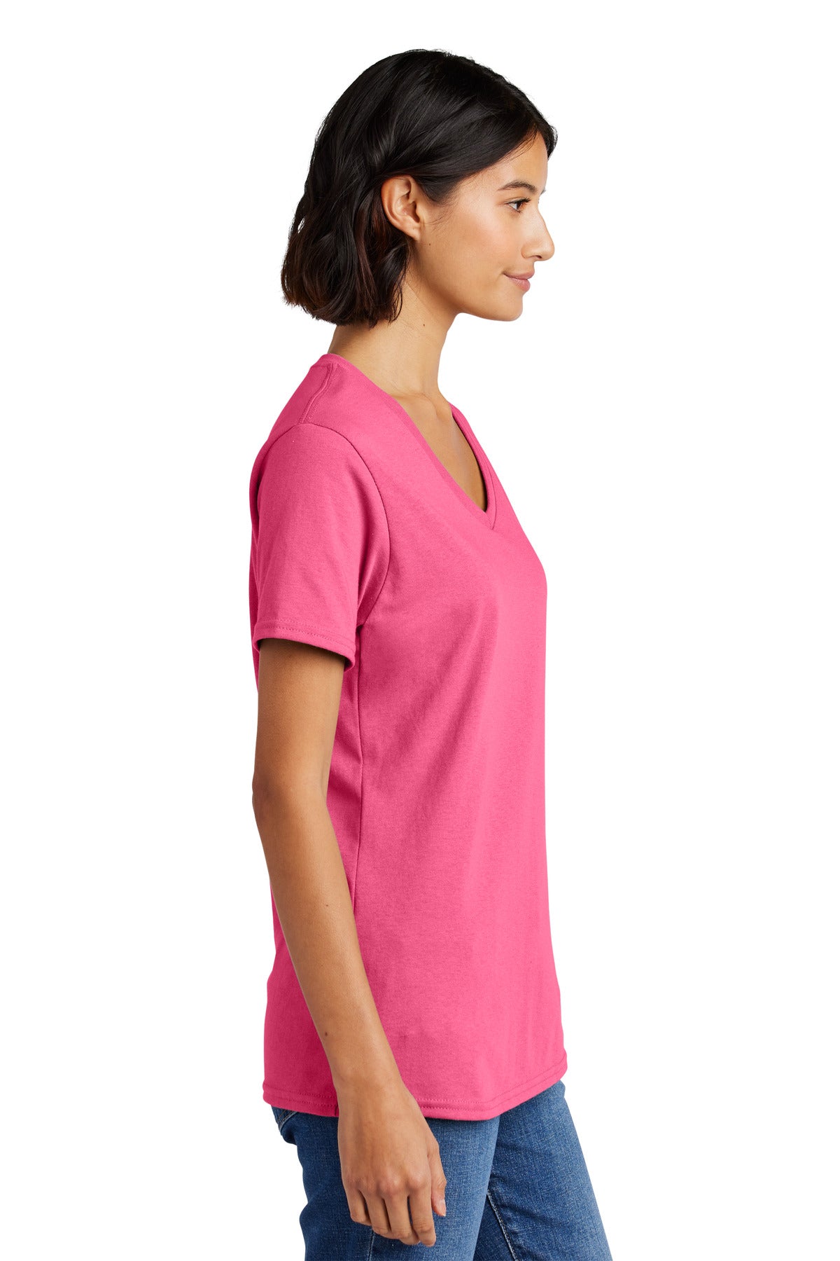 Right View of Neon Pink Port & Co Women's Core Cotton V-Neck Tee. LPC54V plain