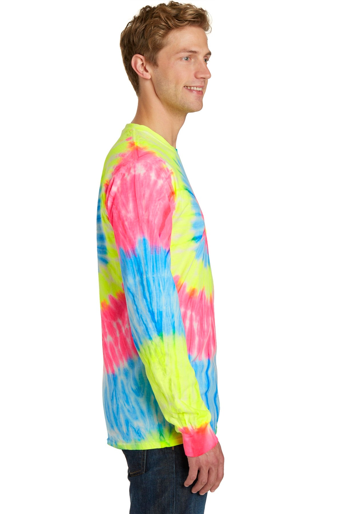 Right View of Neon Rainbow Port & Co Tie-Dye Long Sleeve Tee. PC147LS plain