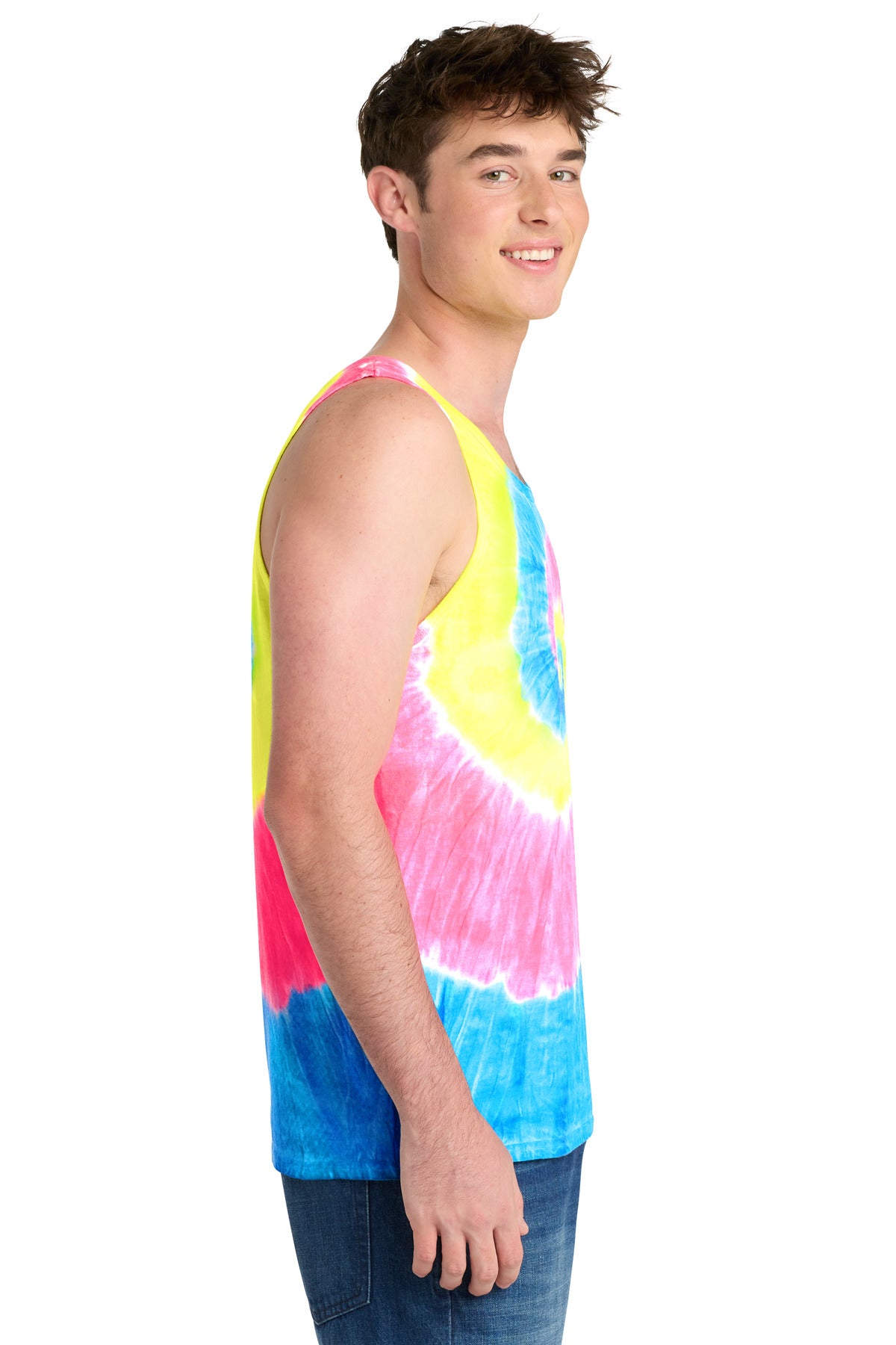 Right View of Neon Rainbow Port & Co Tie-Dye Tank Top. PC147TT plain