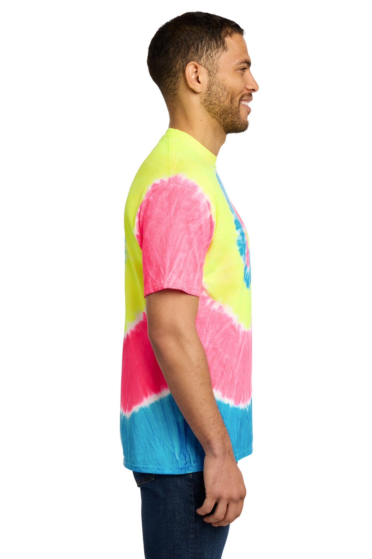 Right View of Neon Rainbow Port & Co Tie-Dye Tee. PC147 plain