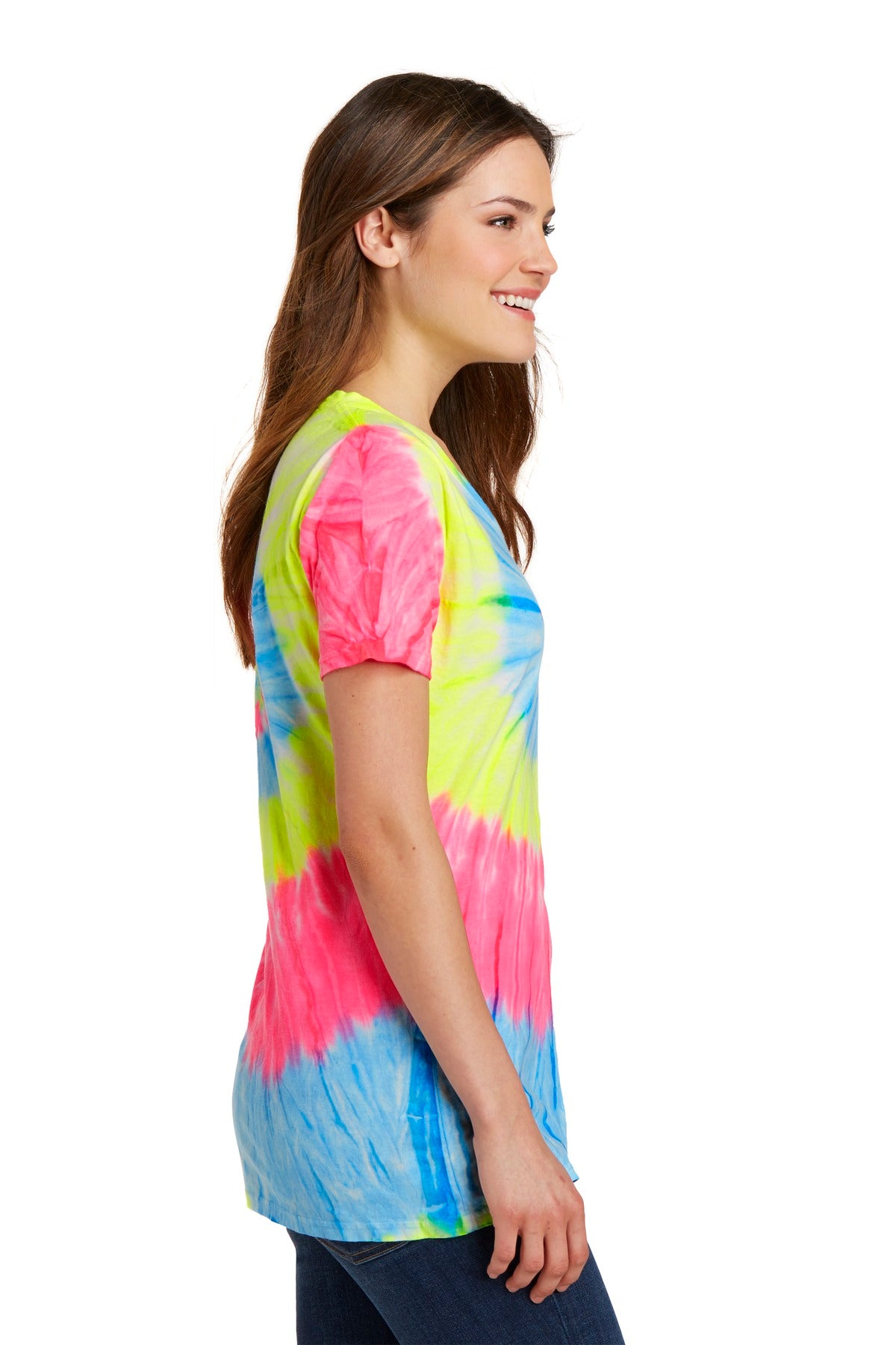 Right View of Neon Rainbow Port & Co Women's Tie-Dye V-Neck Tee. LPC147V plain