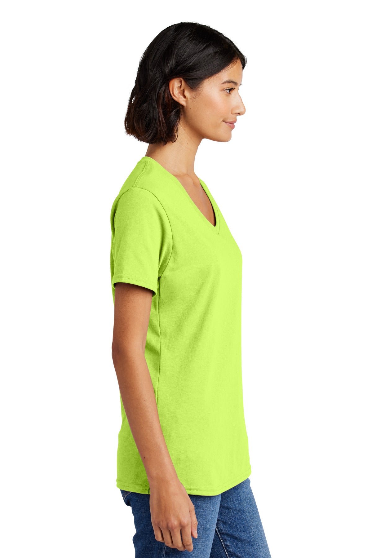 Right View of Neon Yellow Port & Co Women's Core Cotton V-Neck Tee. LPC54V plain