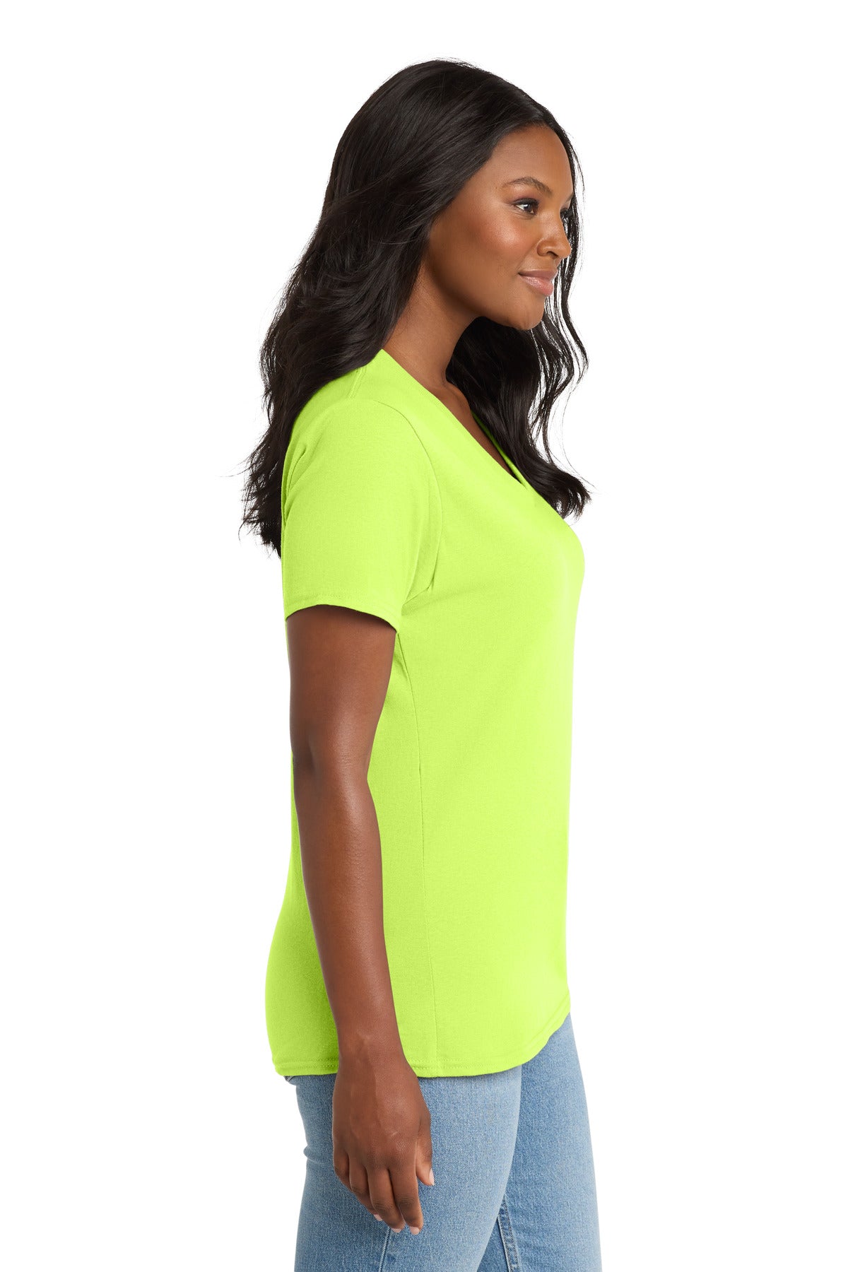 Right View of Neon Yellow Port & Co Women's Core Cotton V-Neck Tee. LPC54V plain