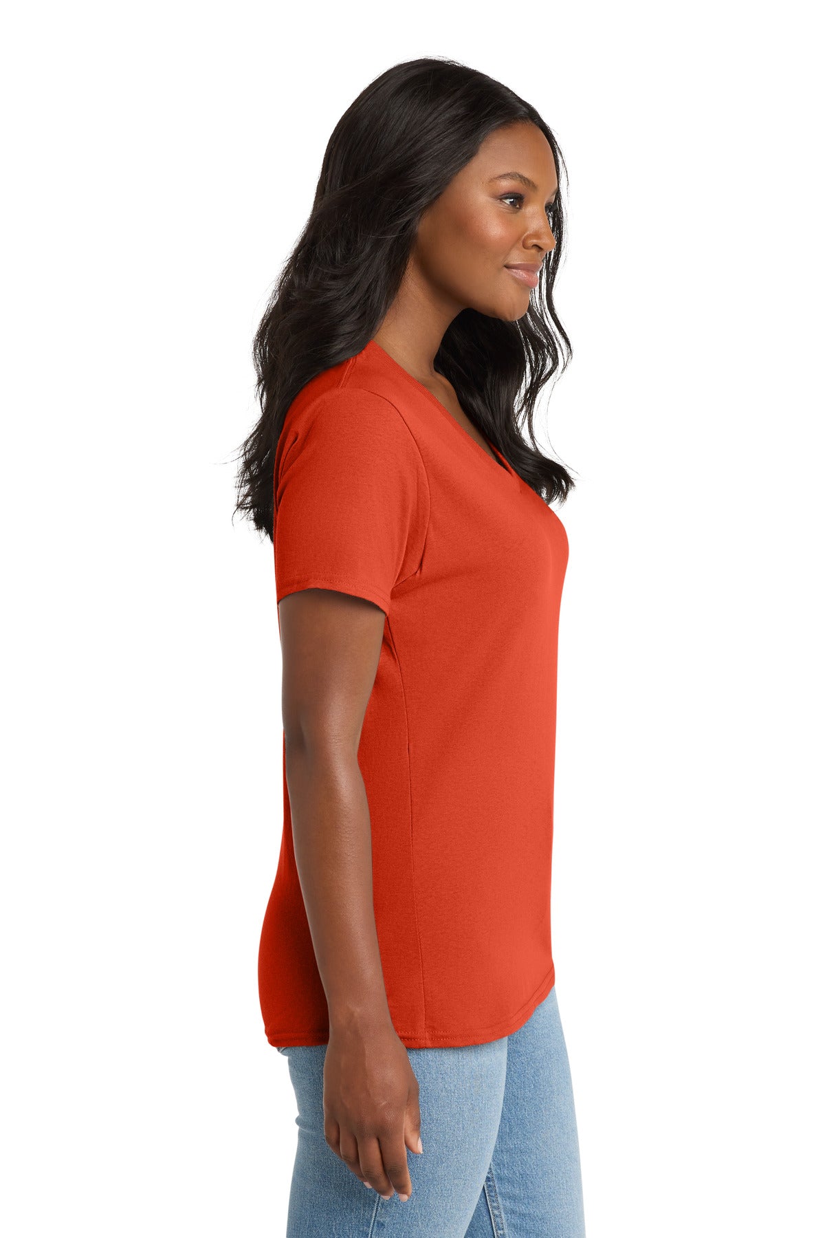 Right View of Orange Port & Co Women's Core Cotton V-Neck Tee. LPC54V plain