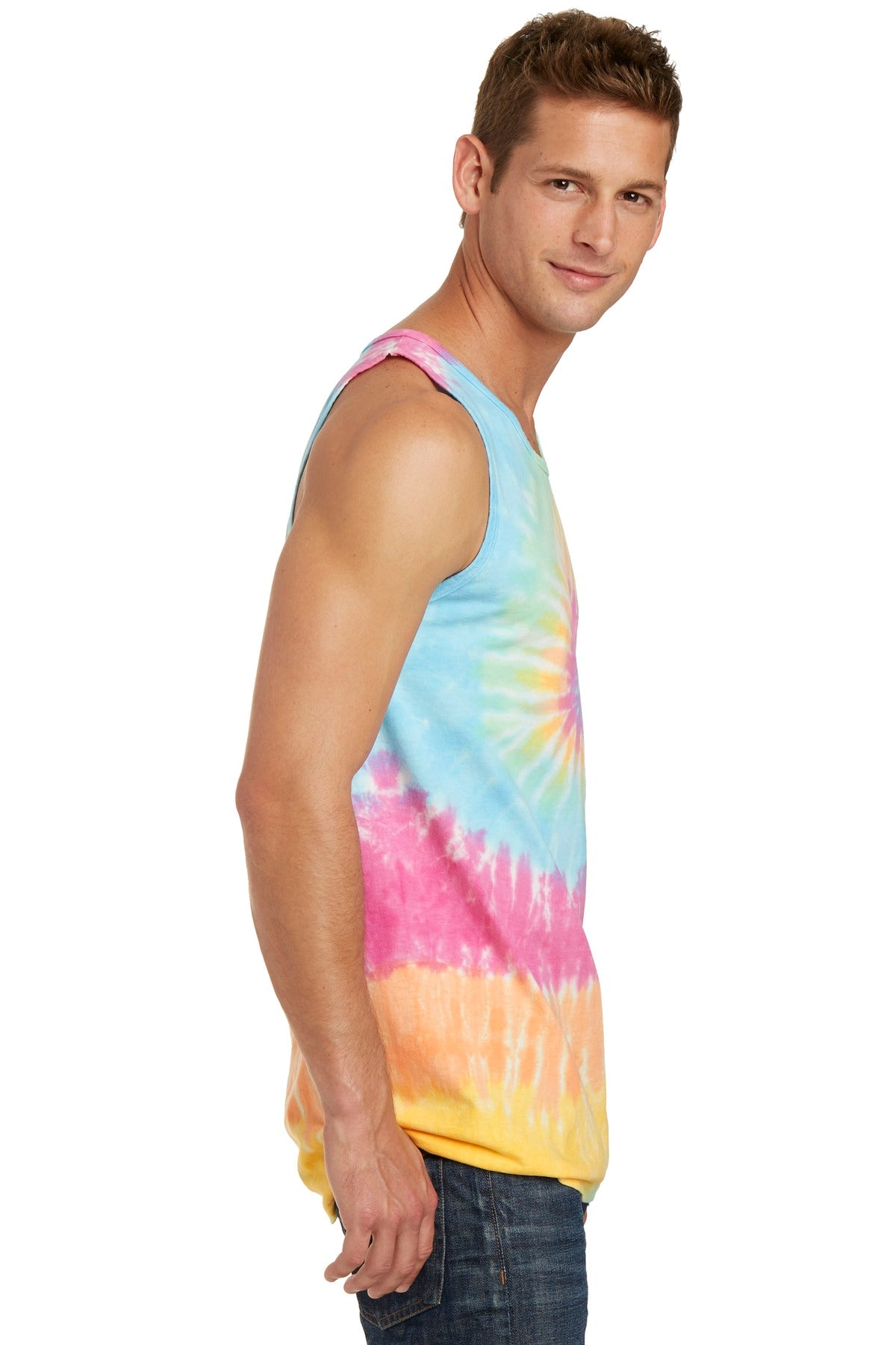Right View of Pastel Rainbow Port & Co Tie-Dye Tank Top. PC147TT plain