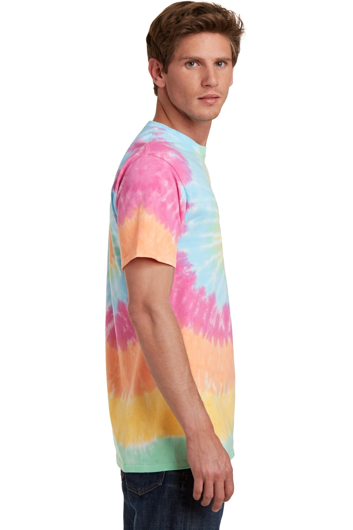 Right View of Pastel Rainbow Port & Co Tie-Dye Tee. PC147 plain