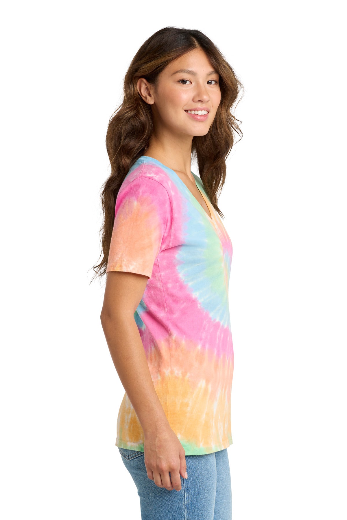 Right View of Pastel Rainbow Port & Co Women's Tie-Dye V-Neck Tee. LPC147V plain