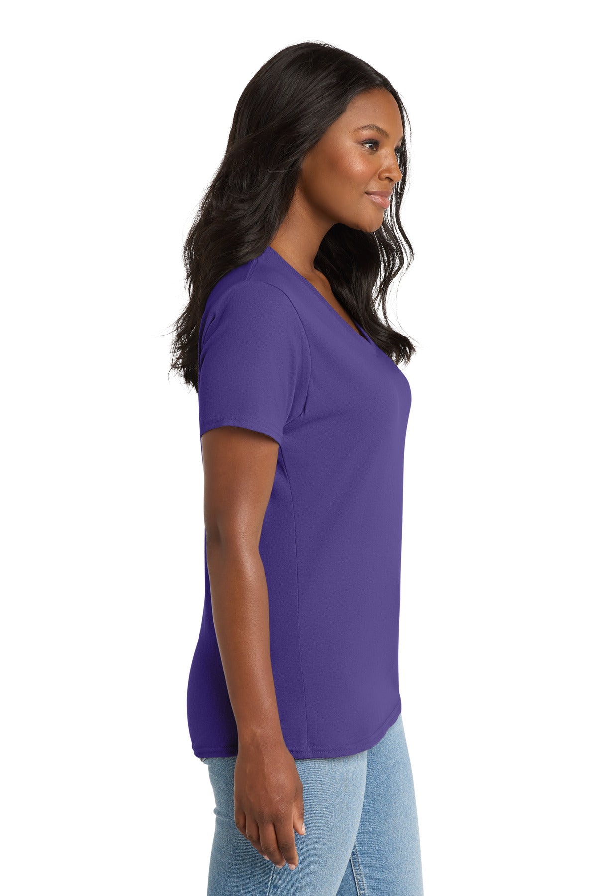 Right View of Purple Port & Co Women's Core Cotton V-Neck Tee. LPC54V plain