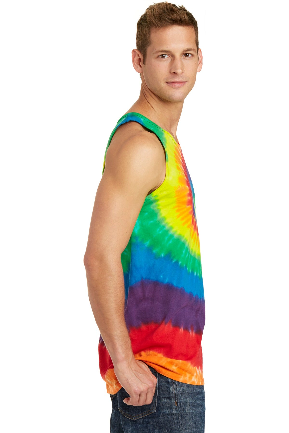Right View of Rainbow Port & Co Tie-Dye Tank Top. PC147TT plain