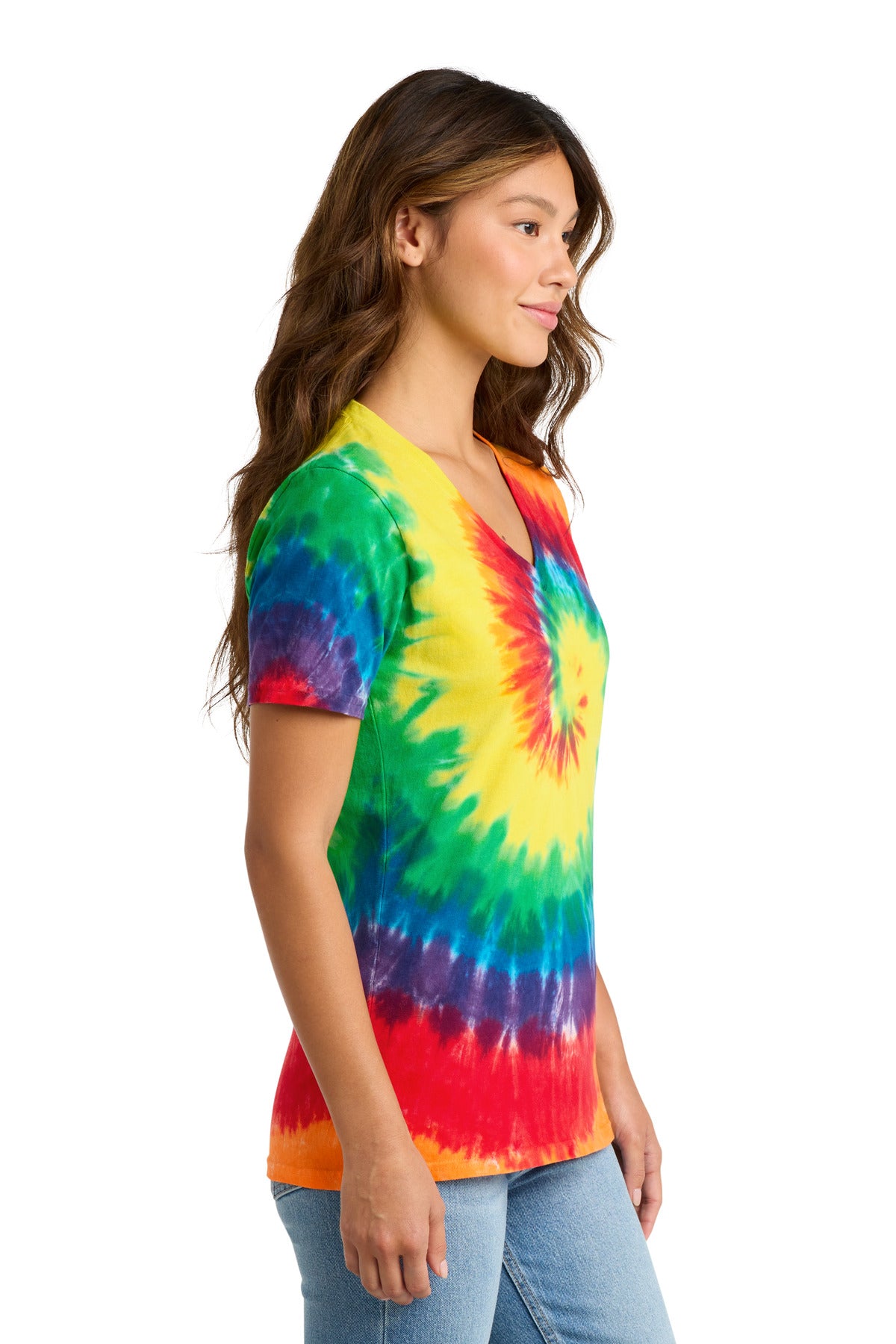 Right View of Rainbow Port & Co Women's Tie-Dye V-Neck Tee. LPC147V plain